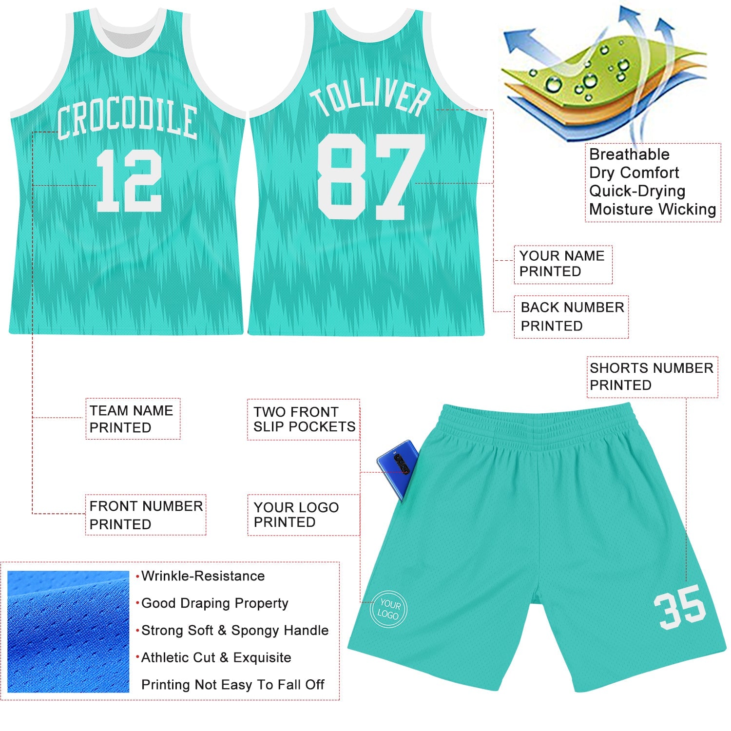 Custom Aqua White Wave Round Neck Sublimation Basketball Set Jersey view 3