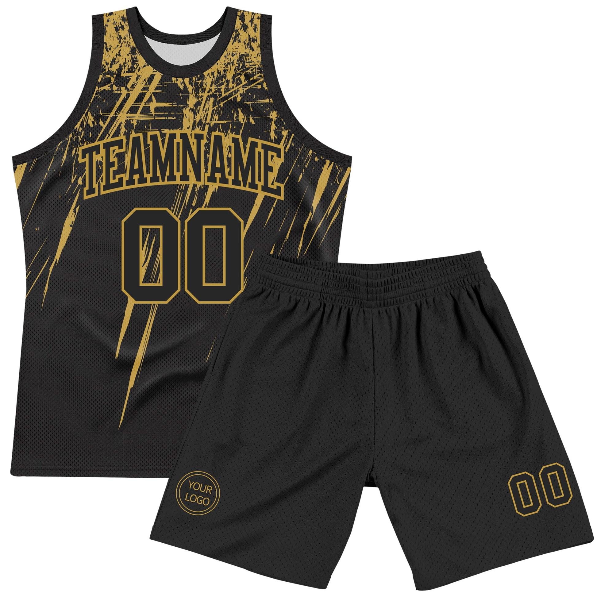 Custom Black Old Gold Splash Round Neck Sublimation Basketball Set Jersey view 2