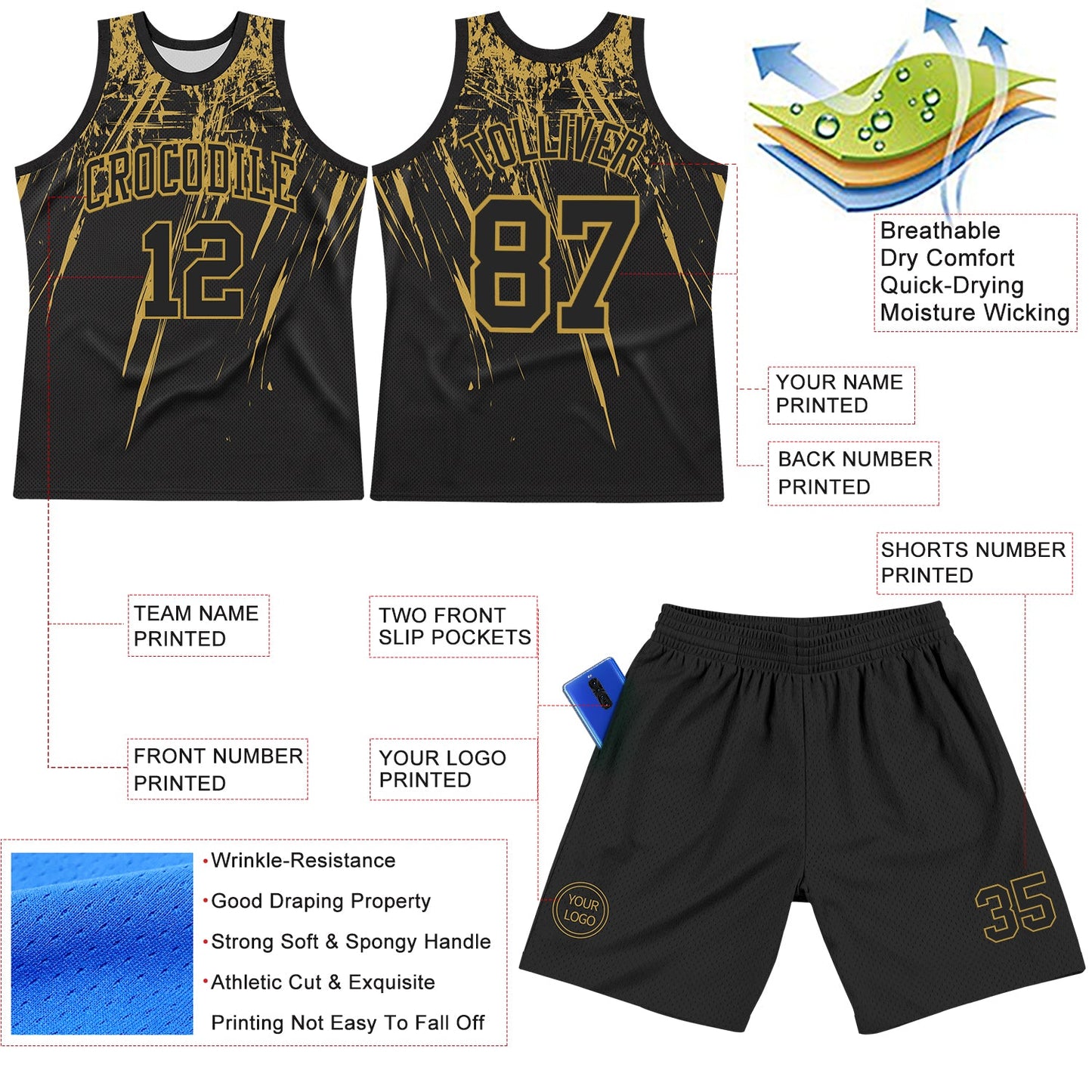 Custom Black Old Gold Splash Round Neck Sublimation Basketball Set Jersey view 3