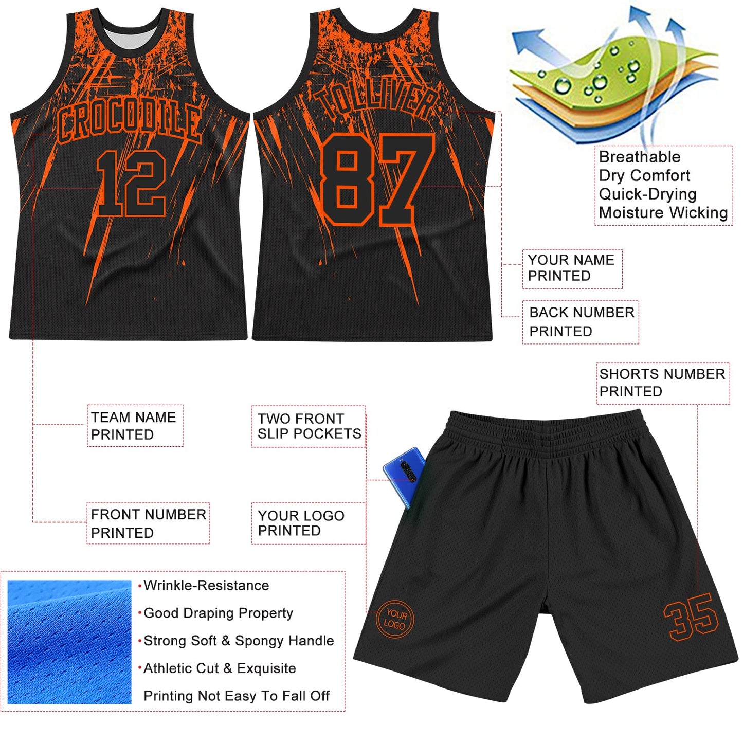 Custom Black Orange Splash Round Neck Sublimation Basketball Set Jersey view 3