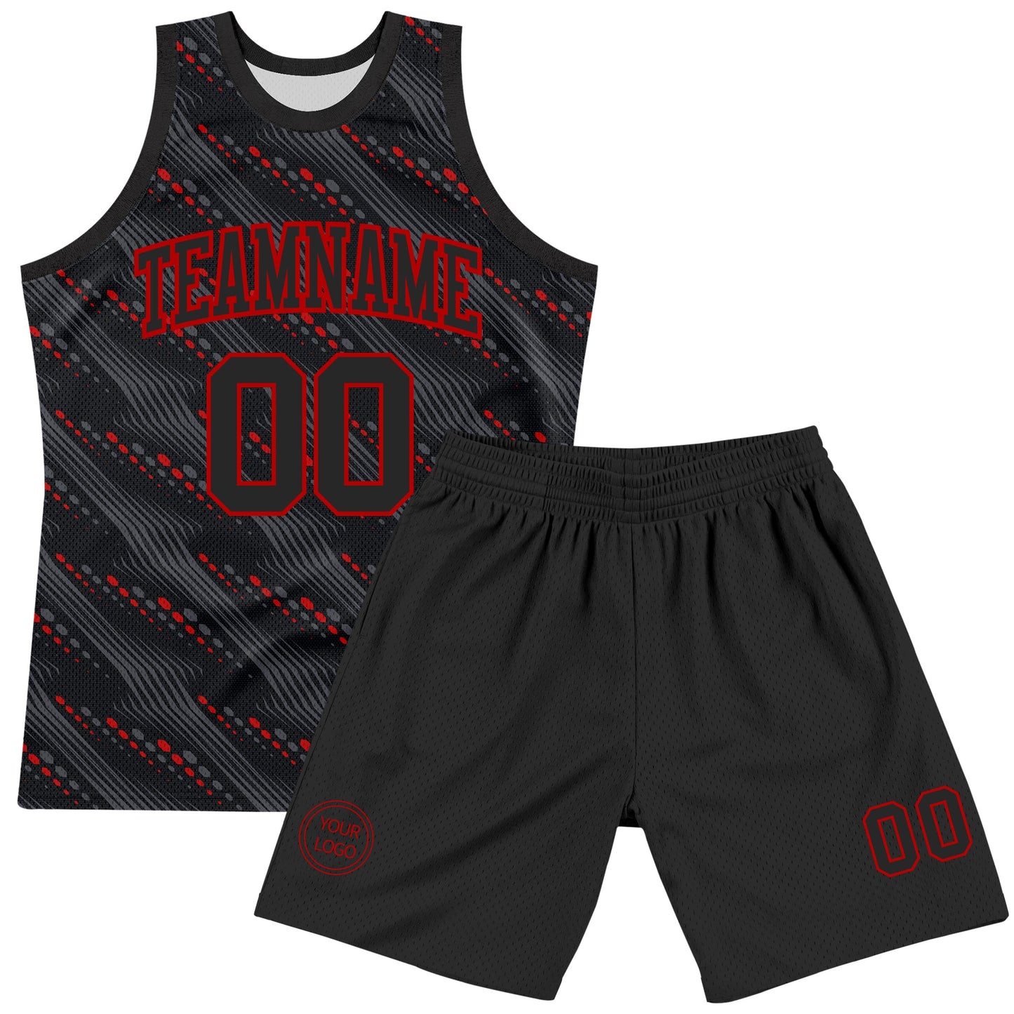 Custom Black Red Slant Lines Round Neck Sublimation Basketball Set Jersey view 2