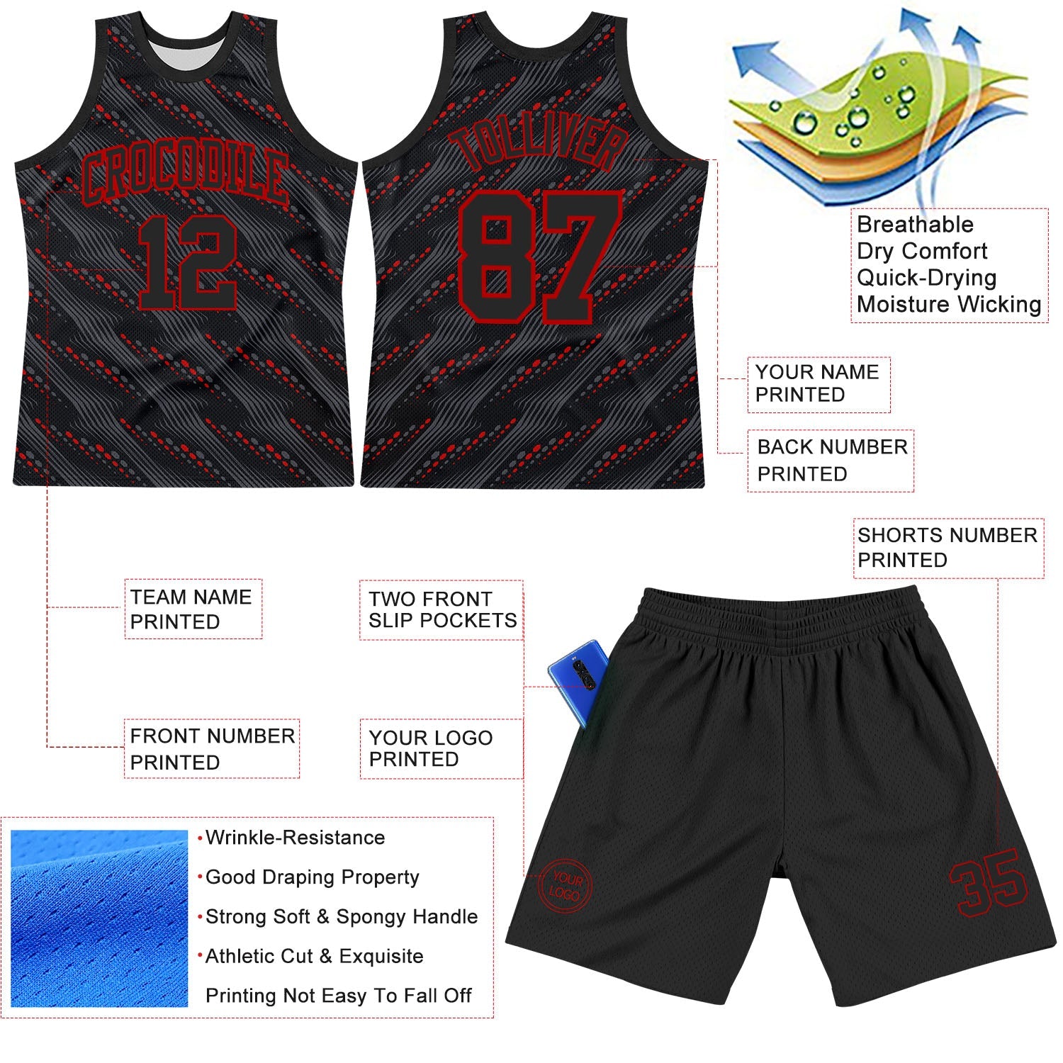 Custom Black Red Slant Lines Round Neck Sublimation Basketball Set Jersey view 3