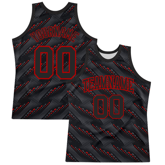 Custom Black Red Slant Lines Round Neck Sublimation Basketball Set Jersey - Main View