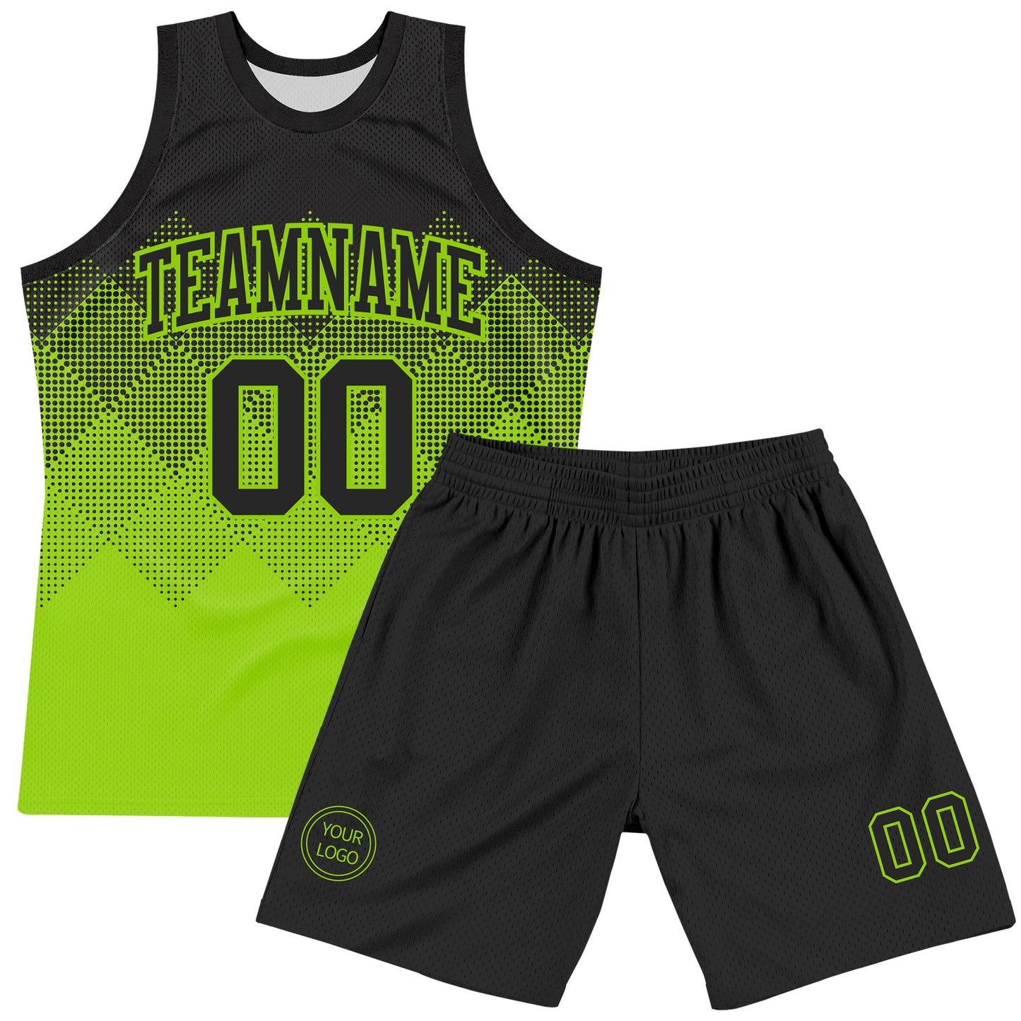Custom Black Neon Green Gradient Square Shapes Round Neck Sublimation Basketball Set Jersey view 2
