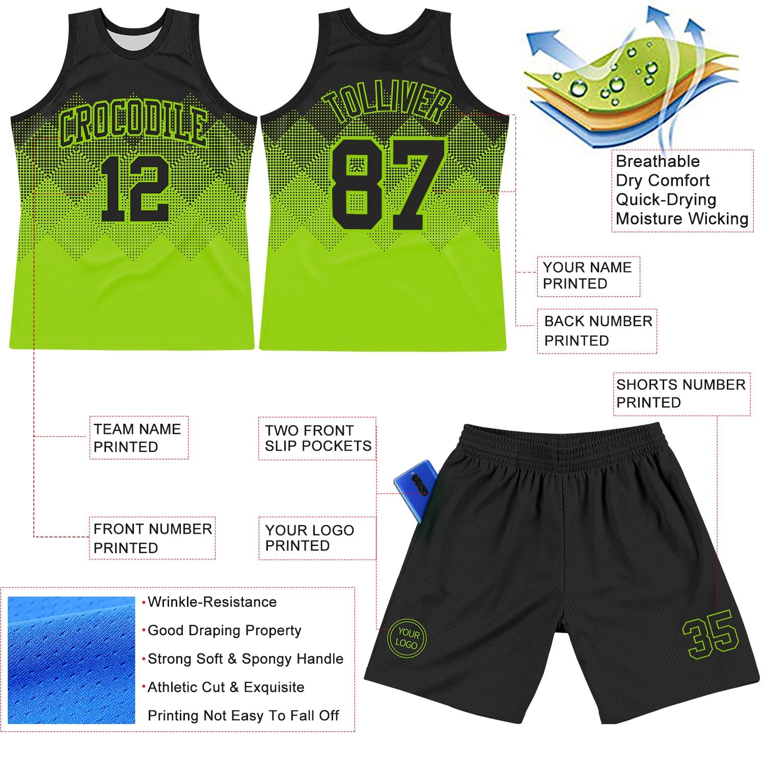Custom Black Neon Green Gradient Square Shapes Round Neck Sublimation Basketball Set Jersey view 3