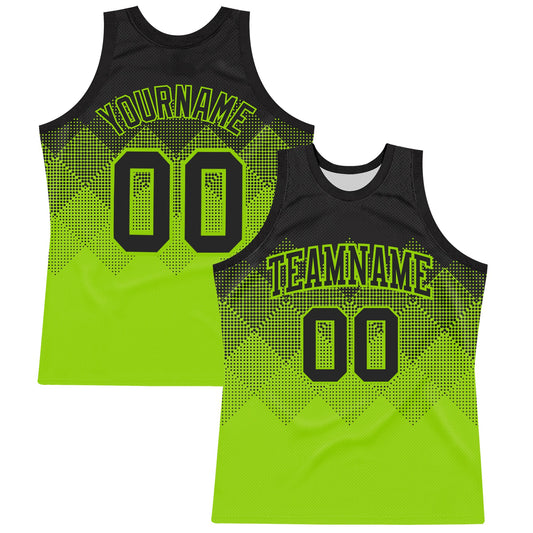 Custom Black Neon Green Gradient Square Shapes Round Neck Sublimation Basketball Set Jersey - Main View