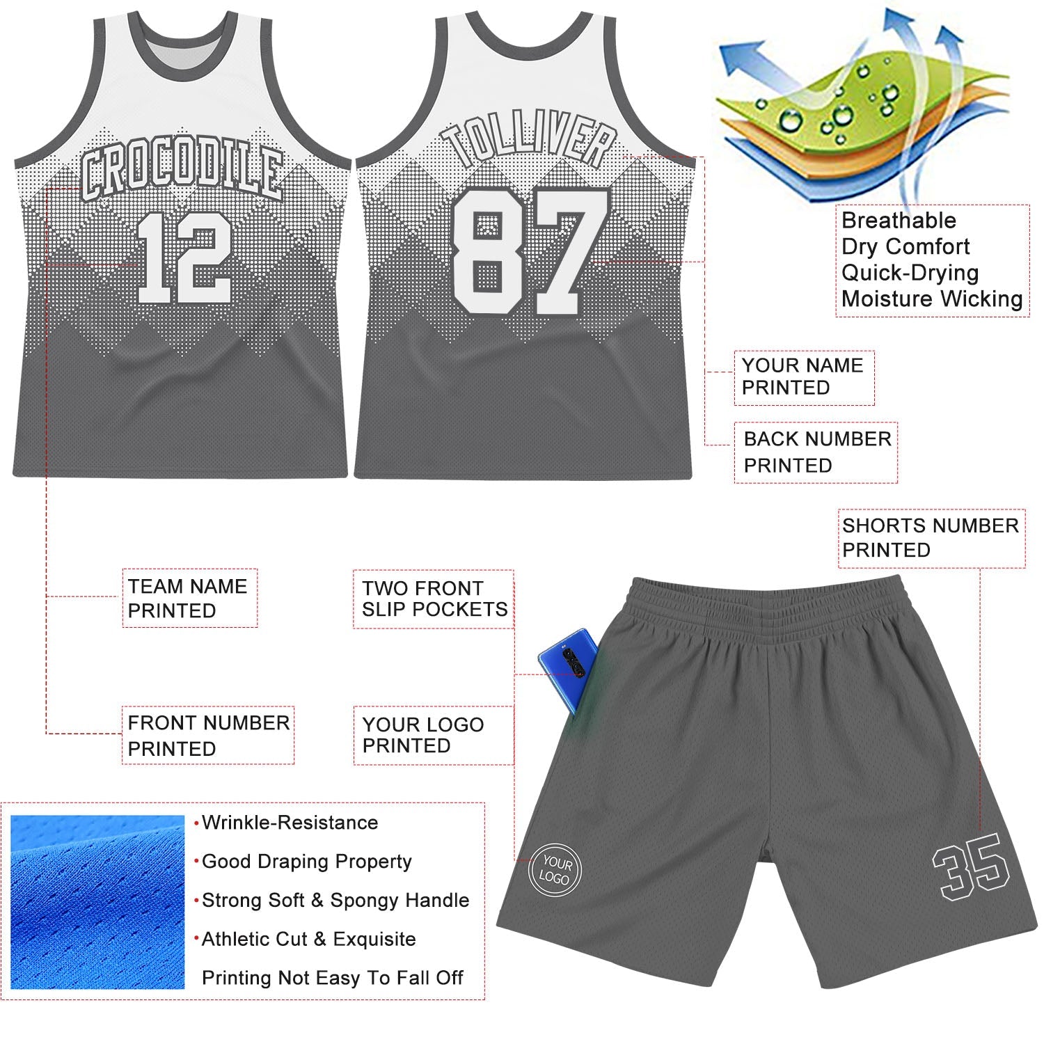 Custom White Steel Gray Gradient Square Shapes Round Neck Sublimation Basketball Set Jersey view 3