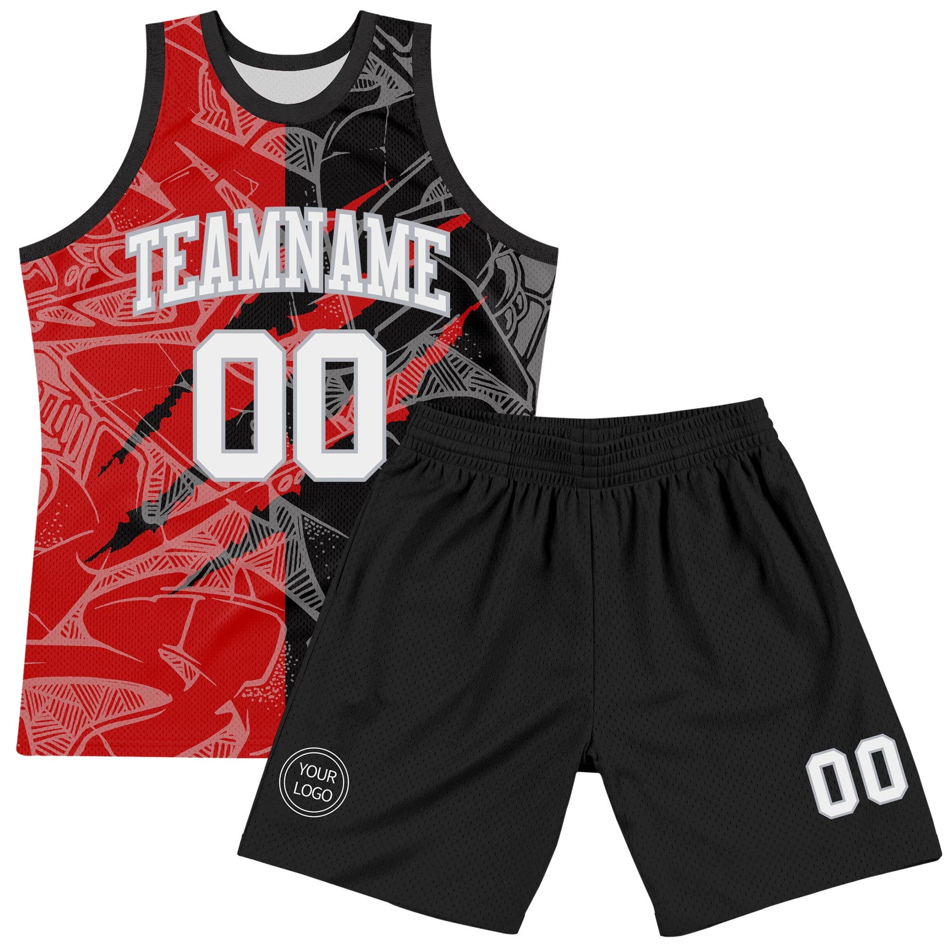 Custom Graffiti Pattern White Black Red-Gray Scratch Round Neck Sublimation Basketball Set Jersey view 2