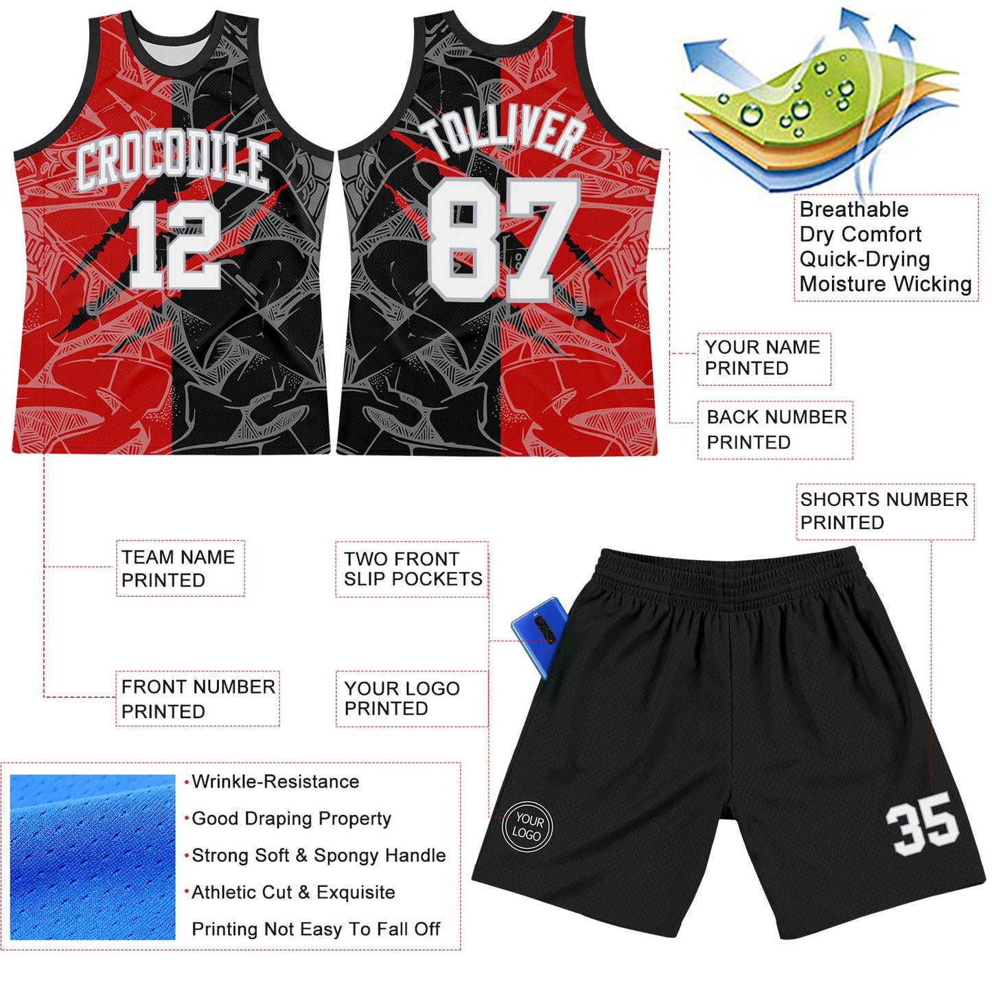 Custom Graffiti Pattern White Black Red-Gray Scratch Round Neck Sublimation Basketball Set Jersey view 3