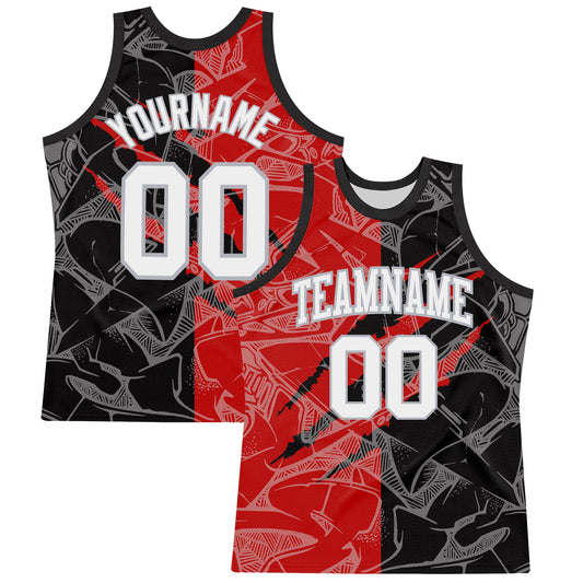 Custom Graffiti Pattern White Black Red-Gray Scratch Round Neck Sublimation Basketball Set Jersey - Main View