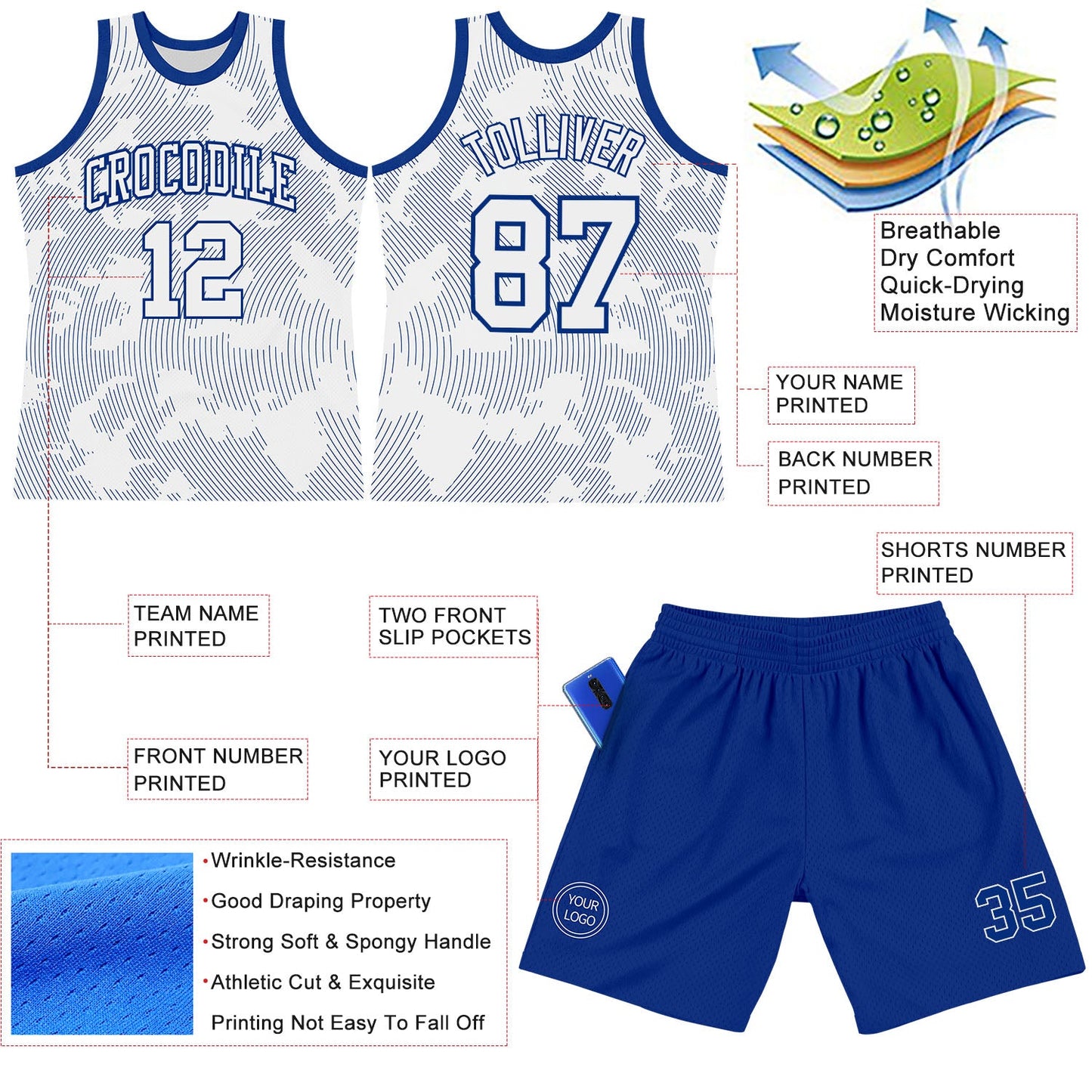 Custom White Royal Curve Lines Round Neck Sublimation Basketball Set Jersey view 3