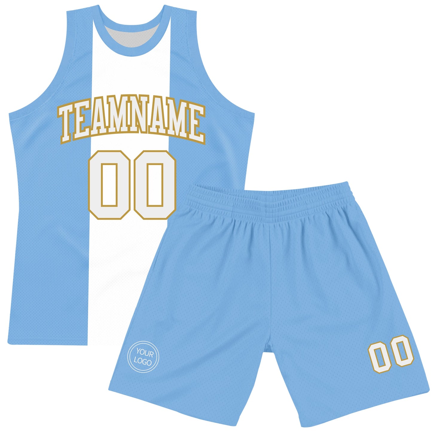 Custom Light Blue White-Old Gold Argentinian Flag Round Neck Sublimation Basketball Set Jersey view 2