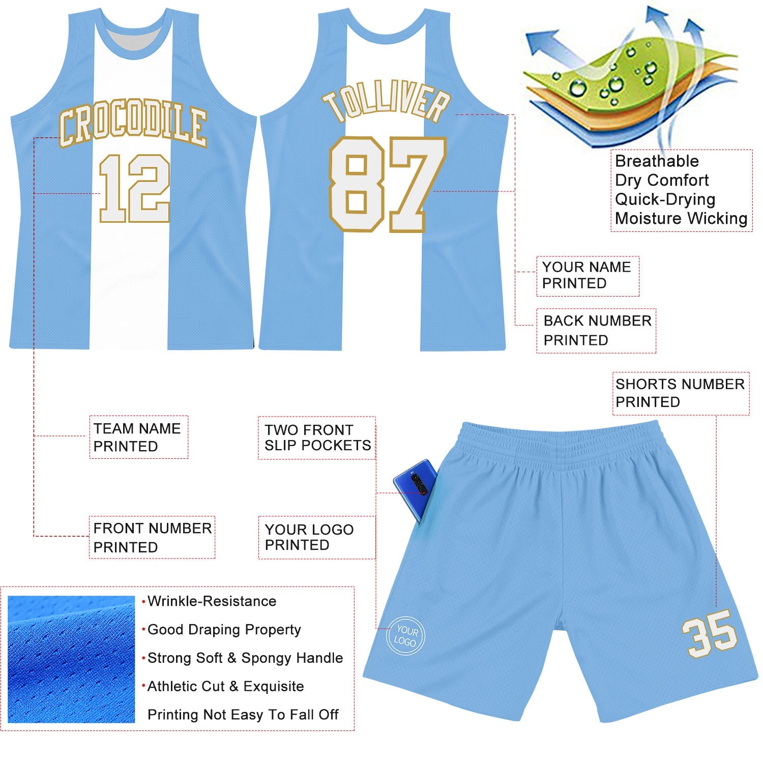 Custom Light Blue White-Old Gold Argentinian Flag Round Neck Sublimation Basketball Set Jersey view 3