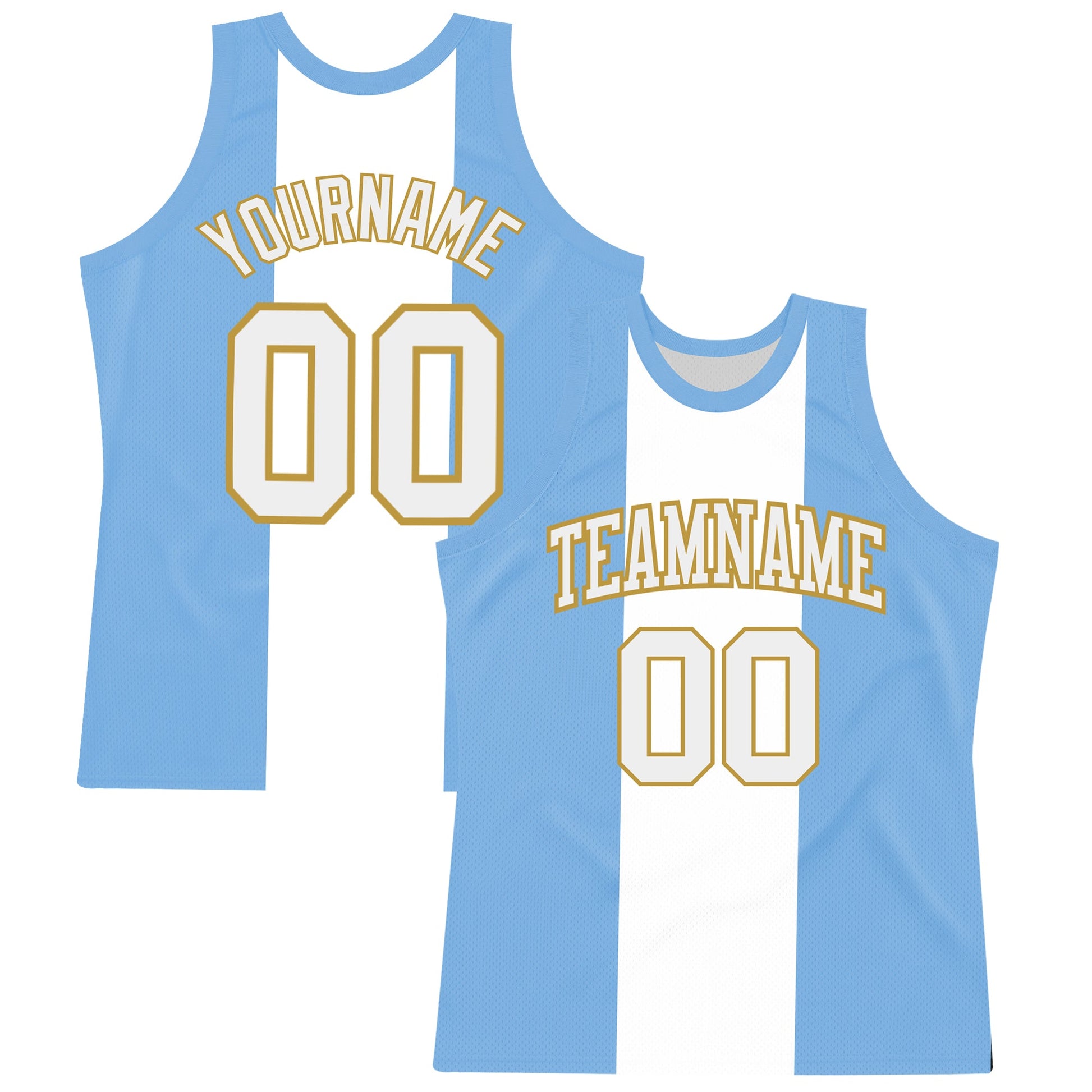 Custom Light Blue White-Old Gold Argentinian Flag Round Neck Sublimation Basketball Set Jersey - Main View