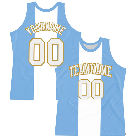 Custom Light Blue White-Old Gold Argentinian Flag Round Neck Sublimation Basketball Set Jersey - Main View