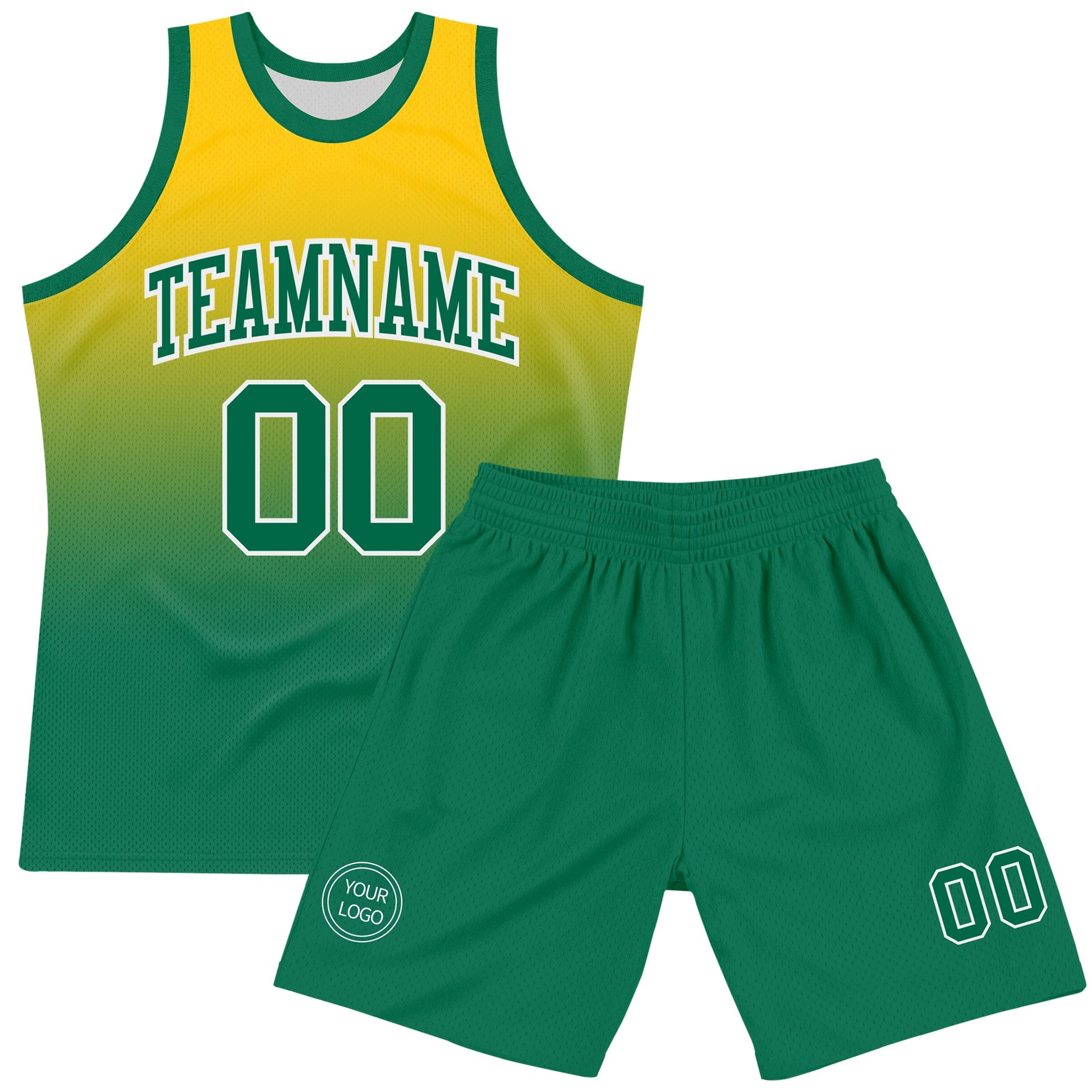Custom Yellow Kelly Green-White Fade Fashion Round Neck Sublimation Basketball Set Jersey view 2