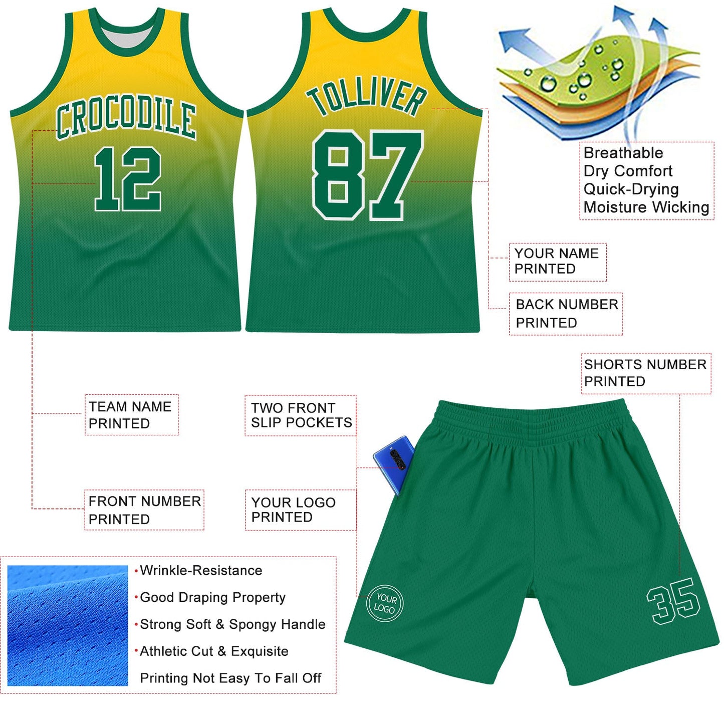 Custom Yellow Kelly Green-White Fade Fashion Round Neck Sublimation Basketball Set Jersey view 3