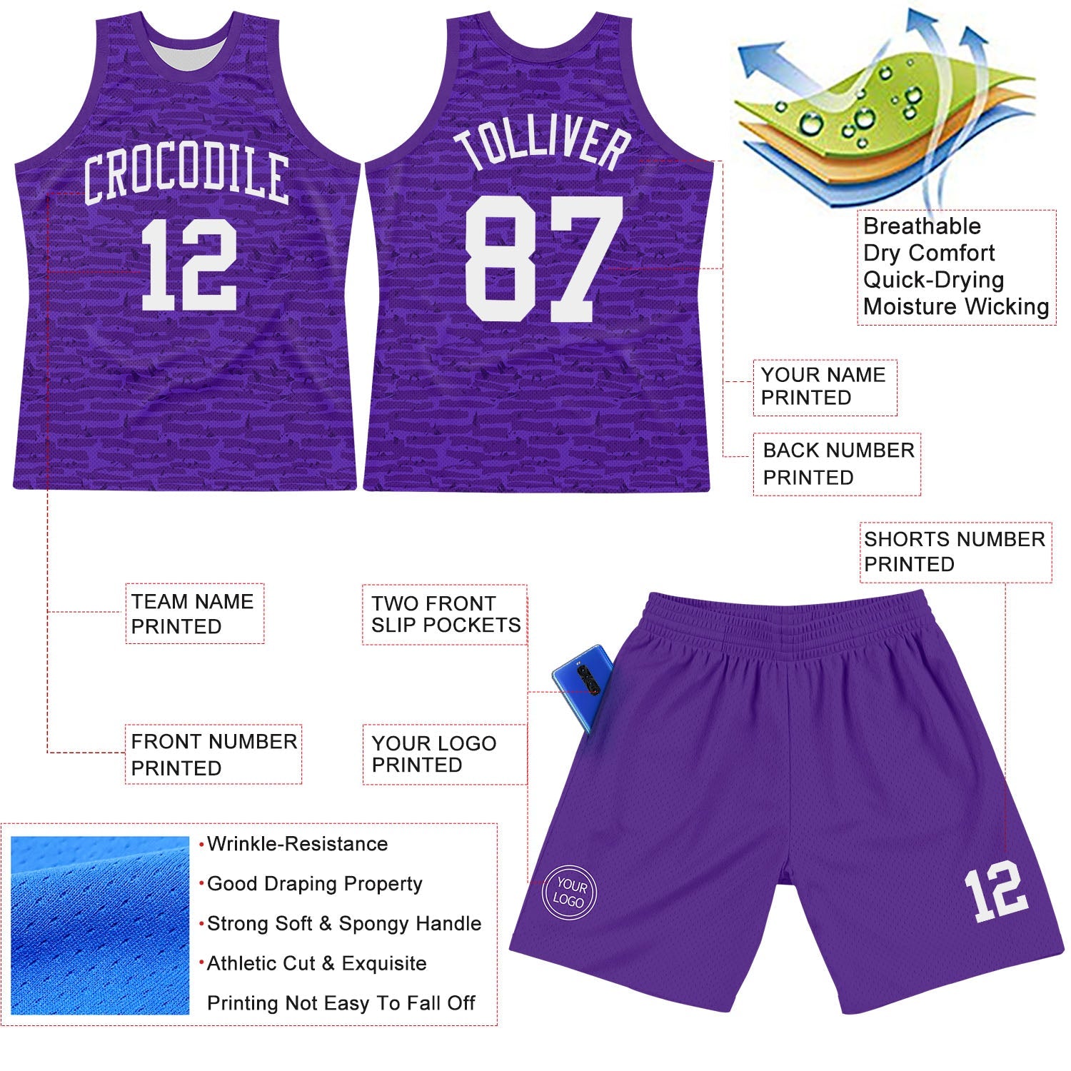 Custom Purple White Fragment Art Round Neck Sublimation Basketball Set Jersey view 3