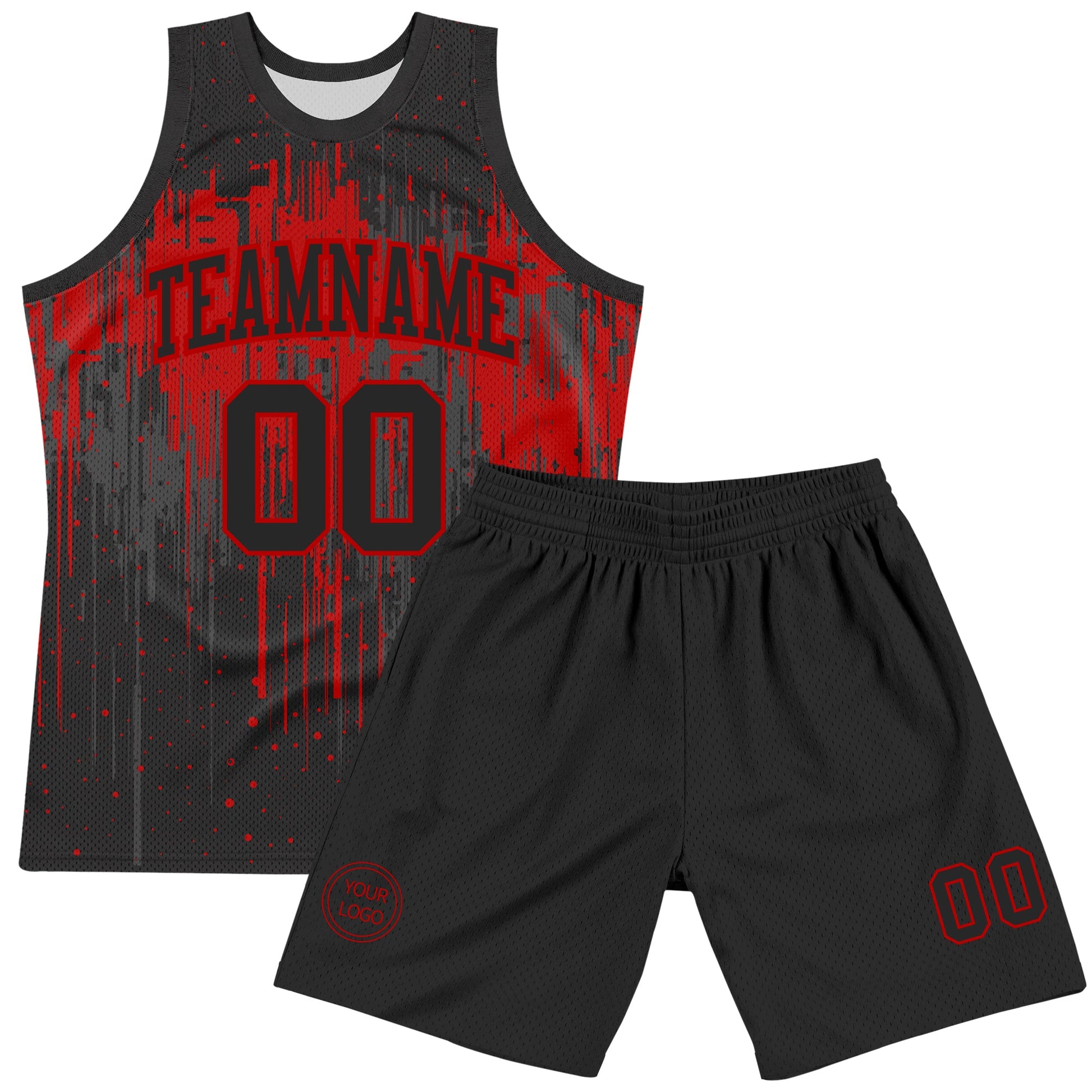 Custom Black Red Dripping Splatter Art Round Neck Sublimation Basketball Set Jersey view 2