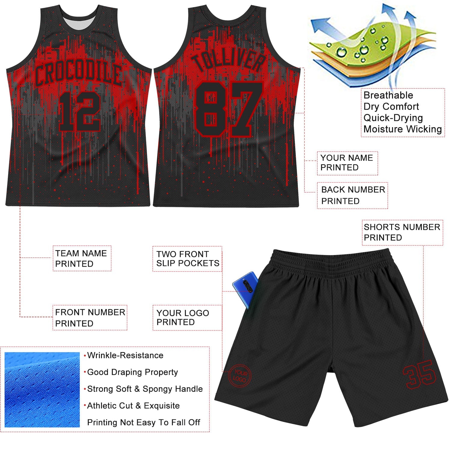 Custom Black Red Dripping Splatter Art Round Neck Sublimation Basketball Set Jersey view 3