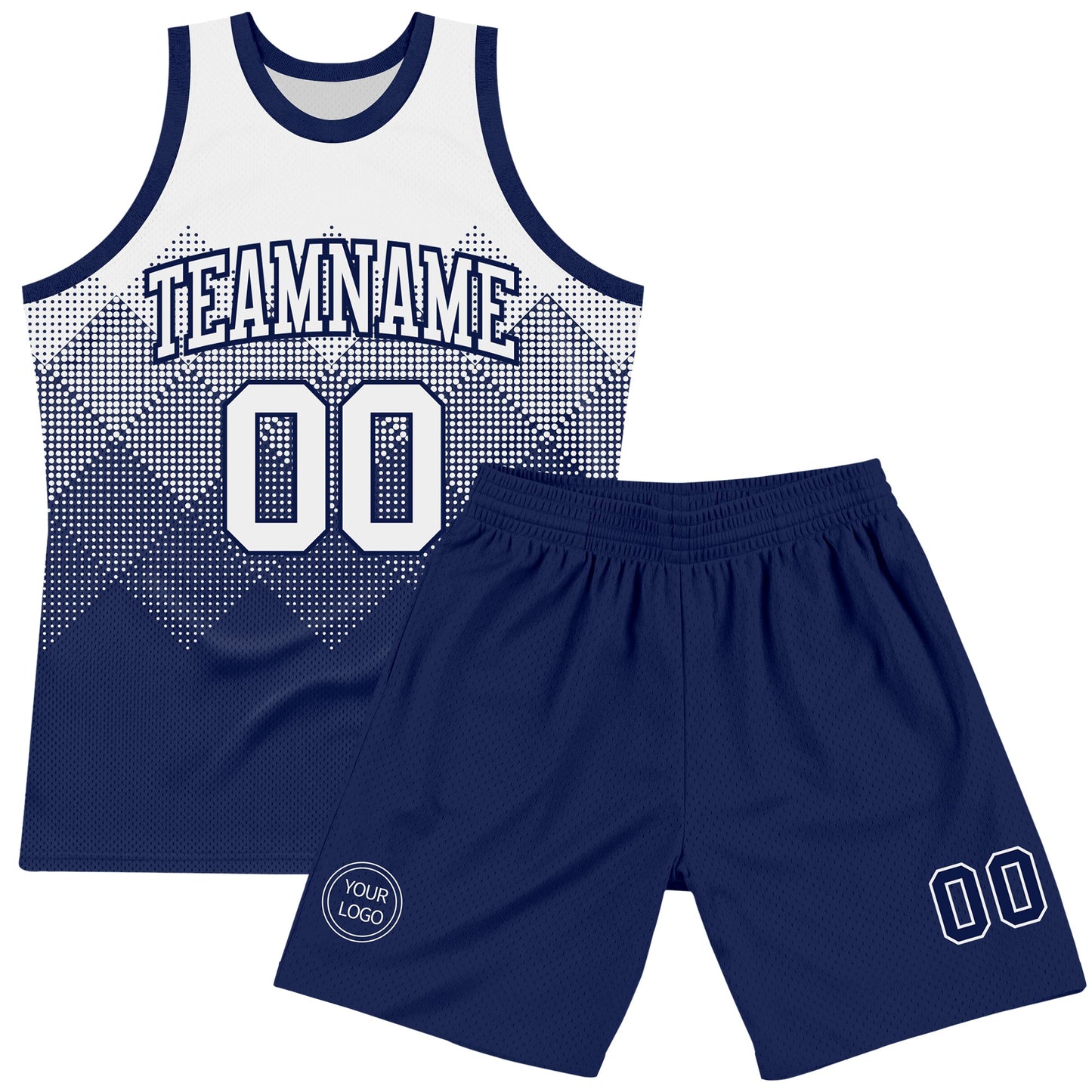Custom White Navy Gradient Square Shapes Round Neck Sublimation Basketball Set Jersey view 2