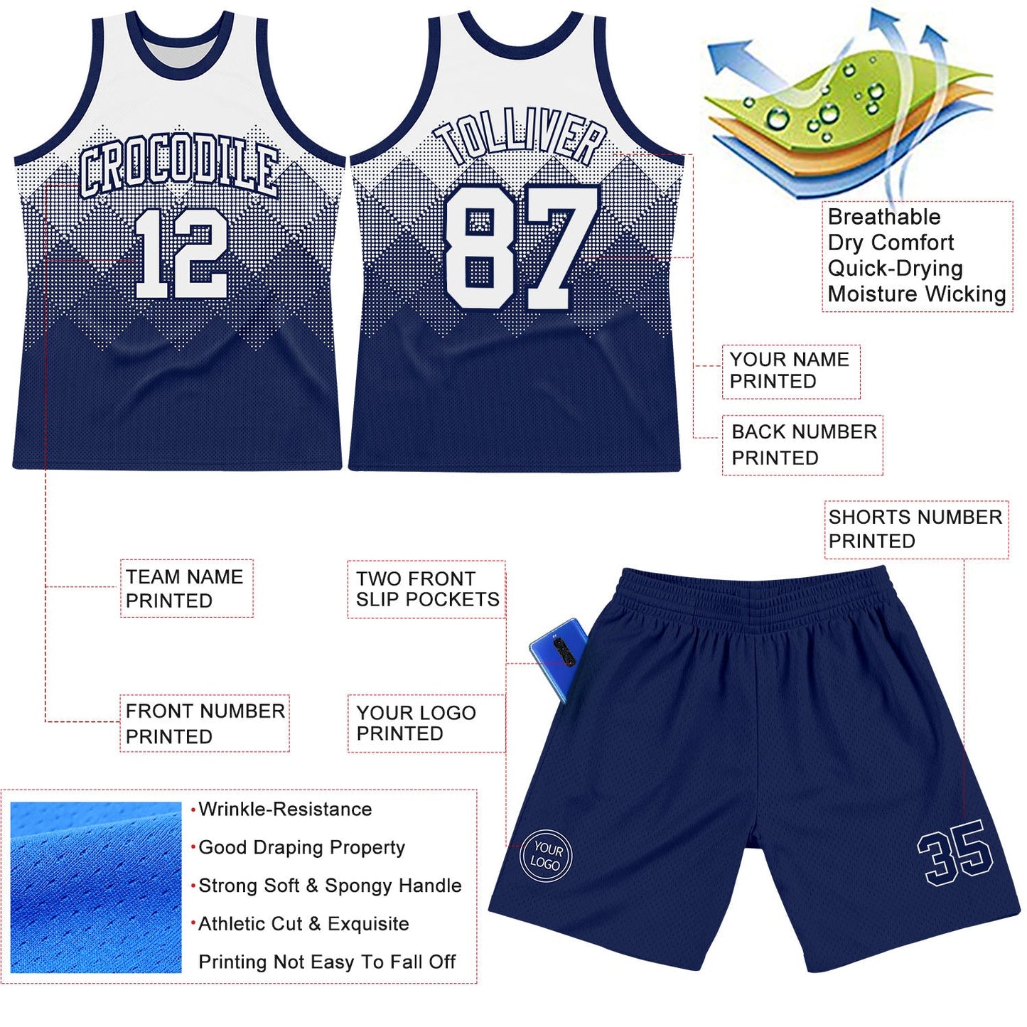 Custom White Navy Gradient Square Shapes Round Neck Sublimation Basketball Set Jersey view 3