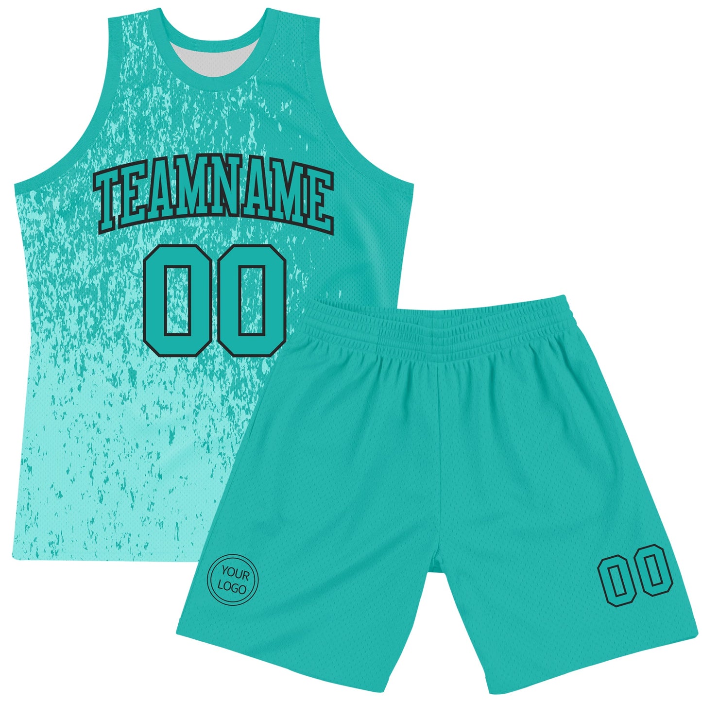 Custom Aqua Black Fragment Art Round Neck Sublimation Basketball Set Jersey view 2