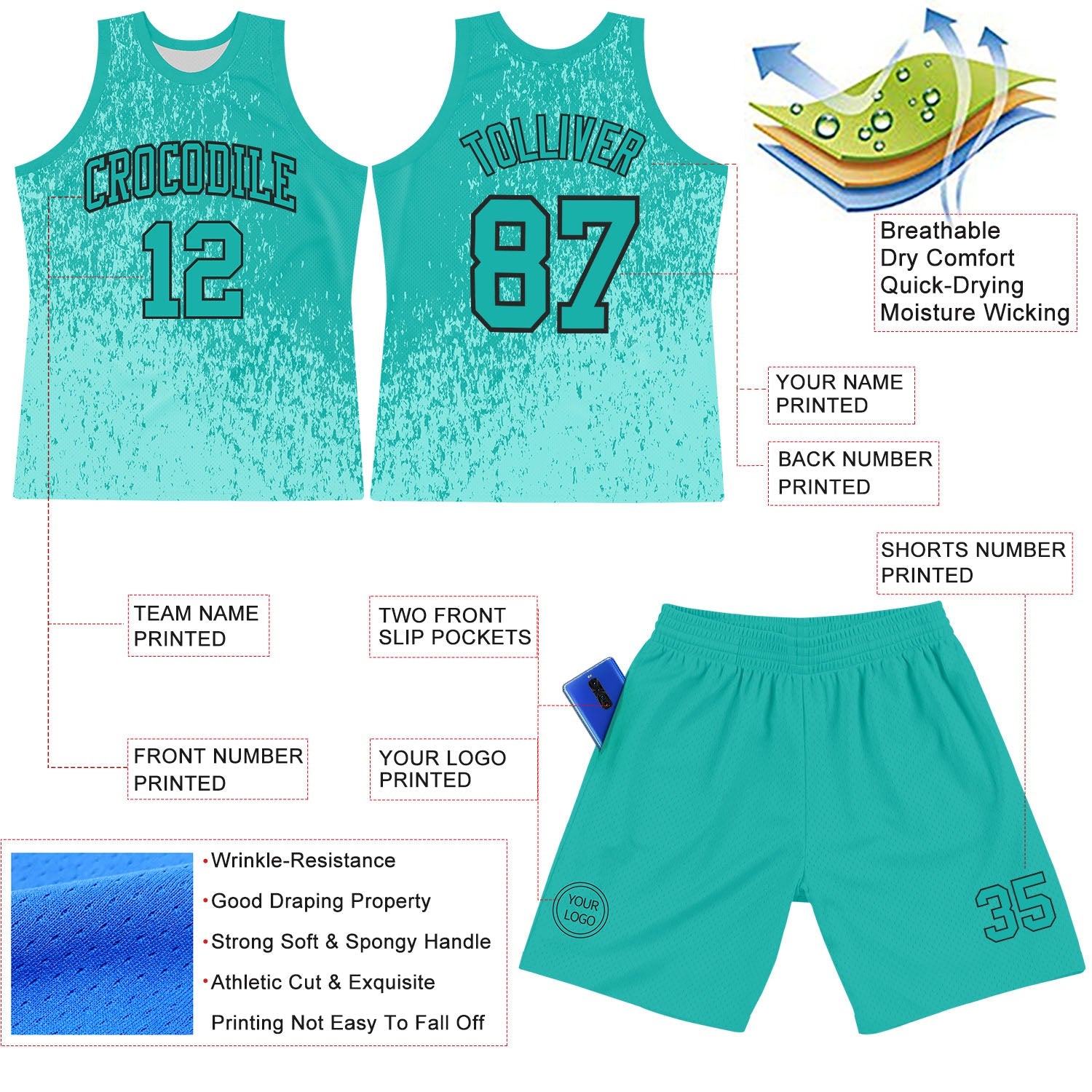 Custom Aqua Black Fragment Art Round Neck Sublimation Basketball Set Jersey view 3