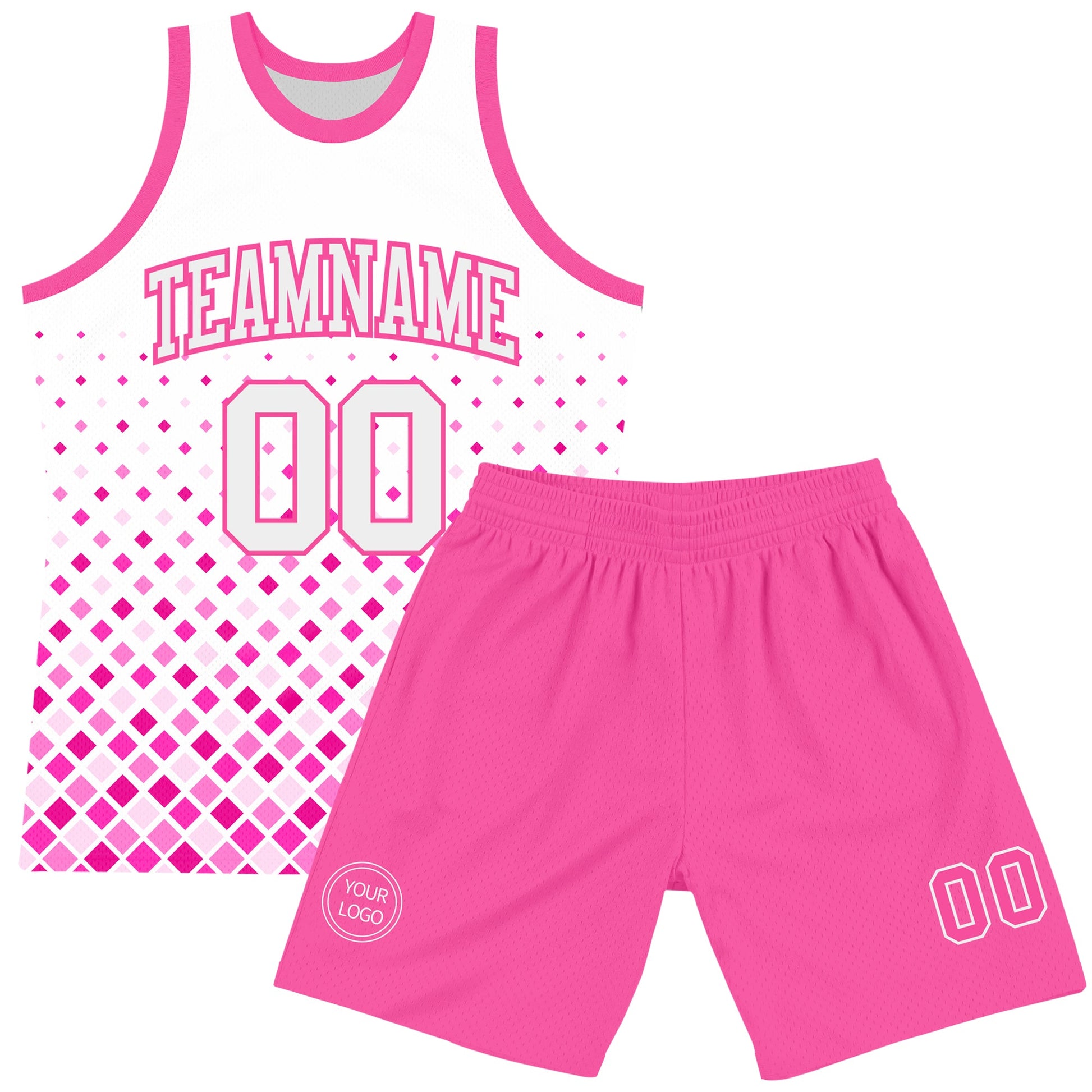 Custom White Pink Gradient Square Shapes Round Neck Sublimation Basketball Set Jersey view 2