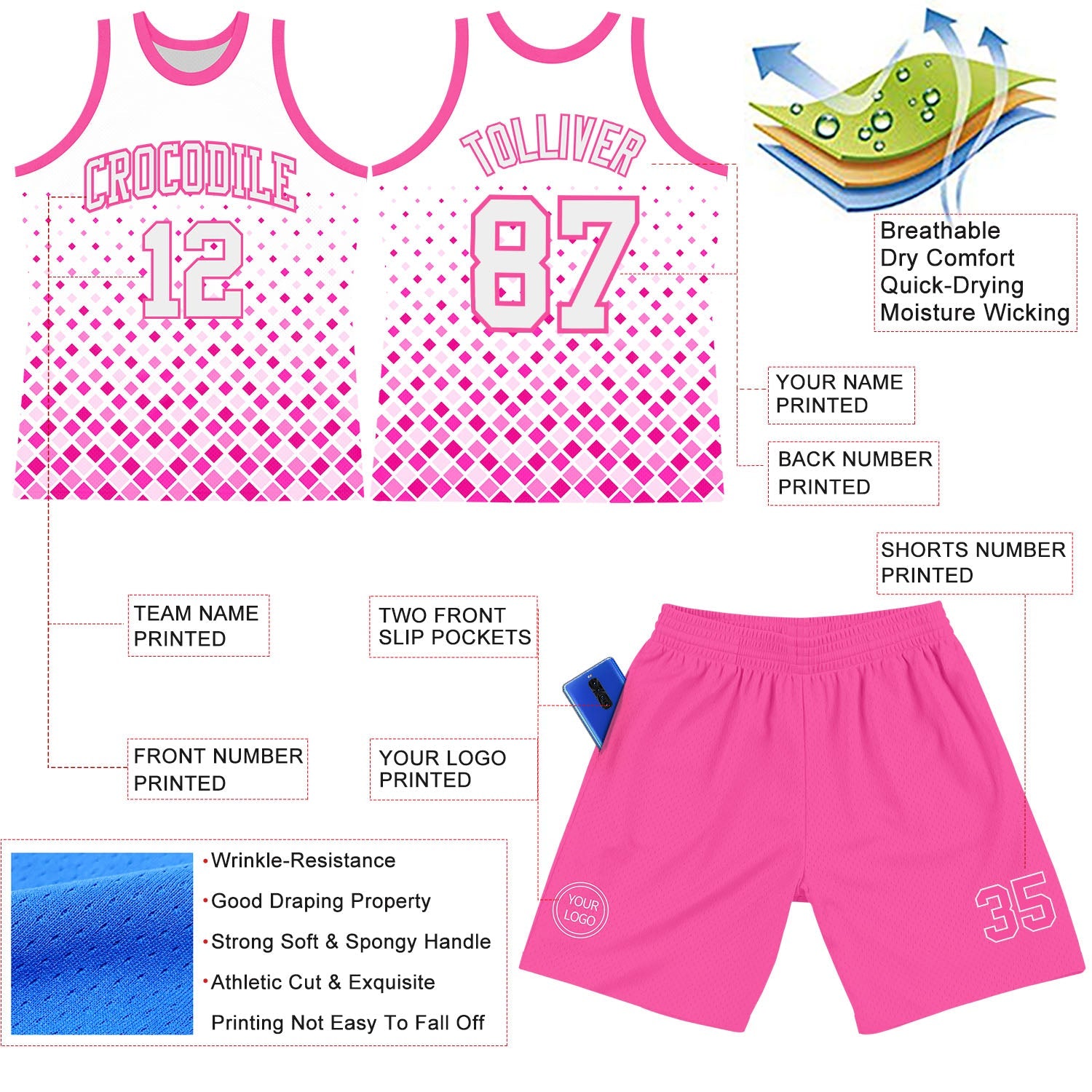 Custom White Pink Gradient Square Shapes Round Neck Sublimation Basketball Set Jersey view 3