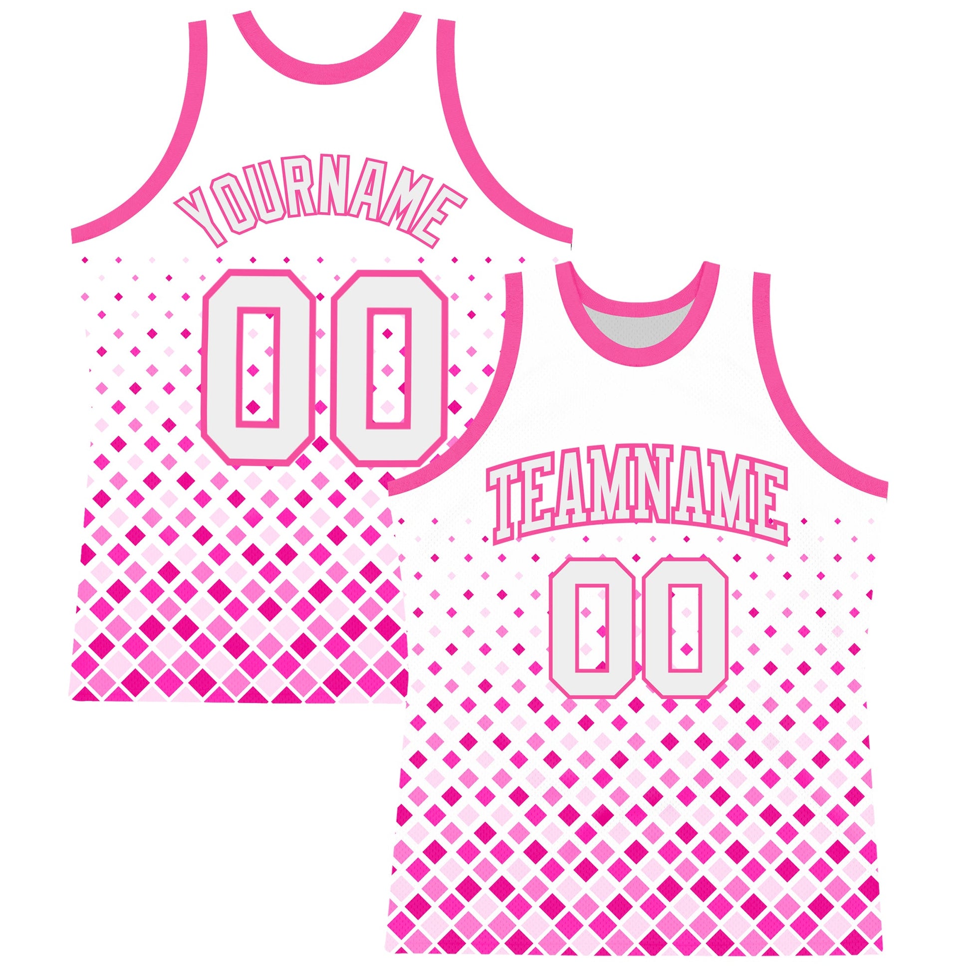 Custom White Pink Gradient Square Shapes Round Neck Sublimation Basketball Set Jersey - Main View