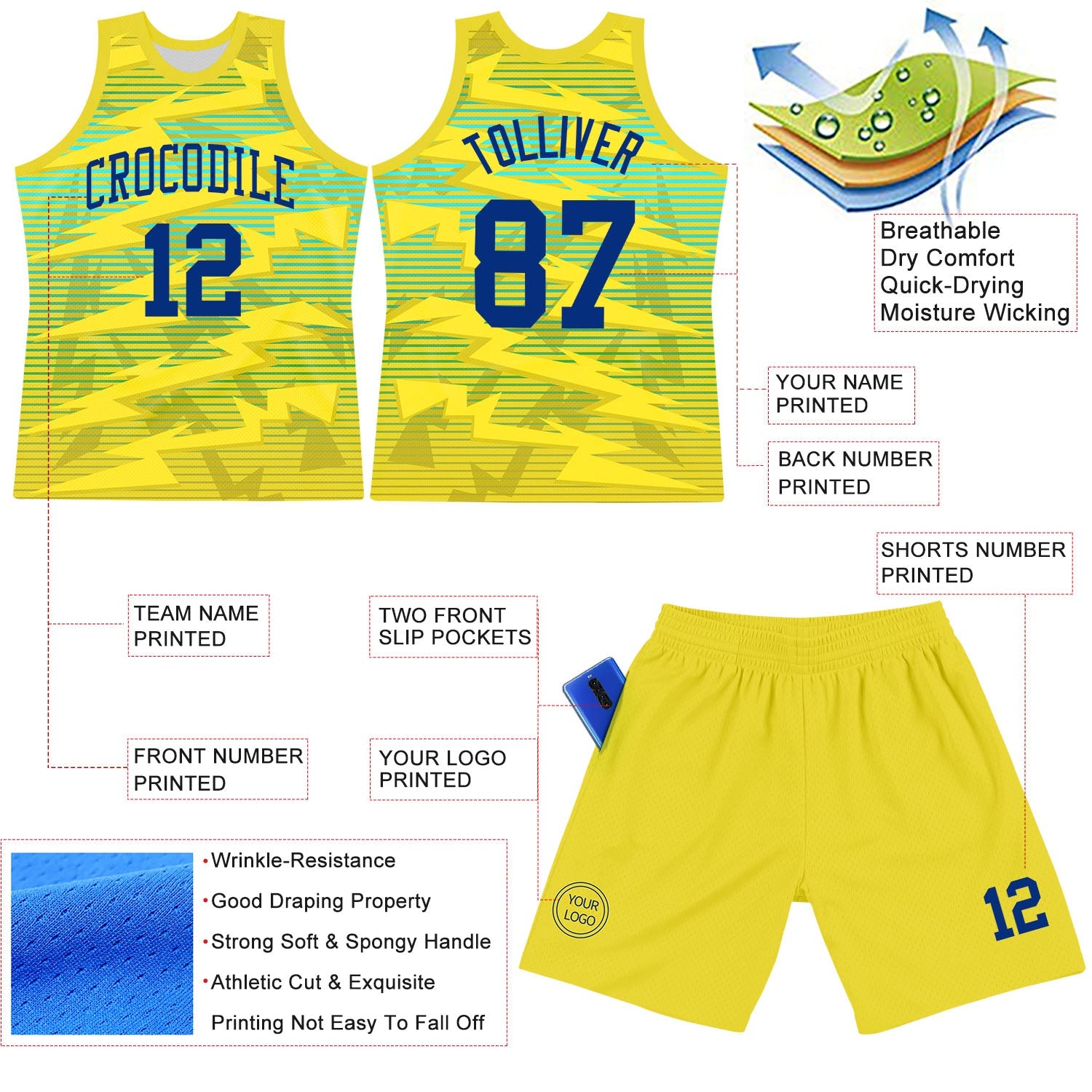 Custom Gold Royal-Light Blue Line Round Neck Sublimation Basketball Set Jersey view 3