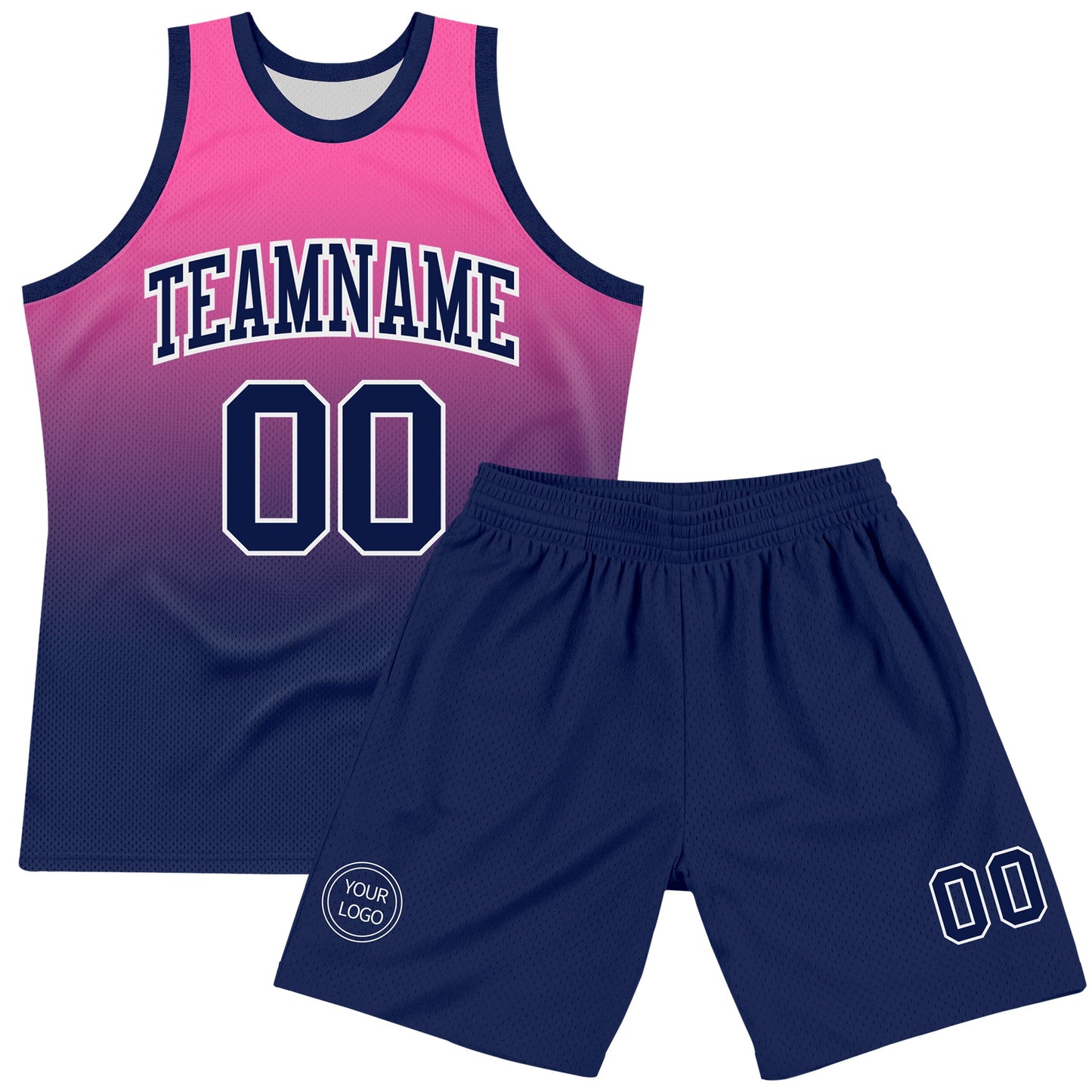 Custom Pink Navy-White Fade Fashion Round Neck Sublimation Basketball Set Jersey view 2