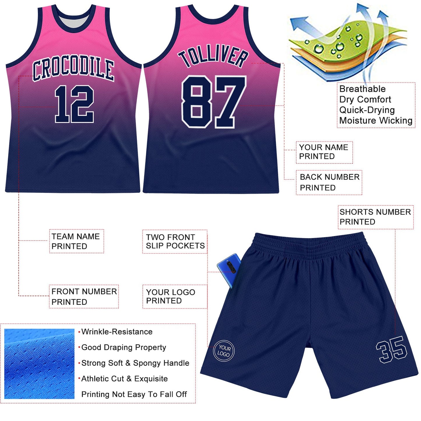 Custom Pink Navy-White Fade Fashion Round Neck Sublimation Basketball Set Jersey view 3