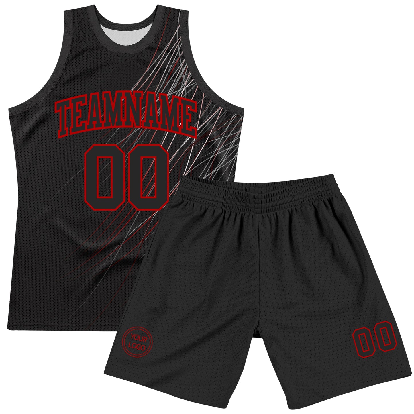Custom Black Red Line Round Neck Sublimation Basketball Set Jersey view 2