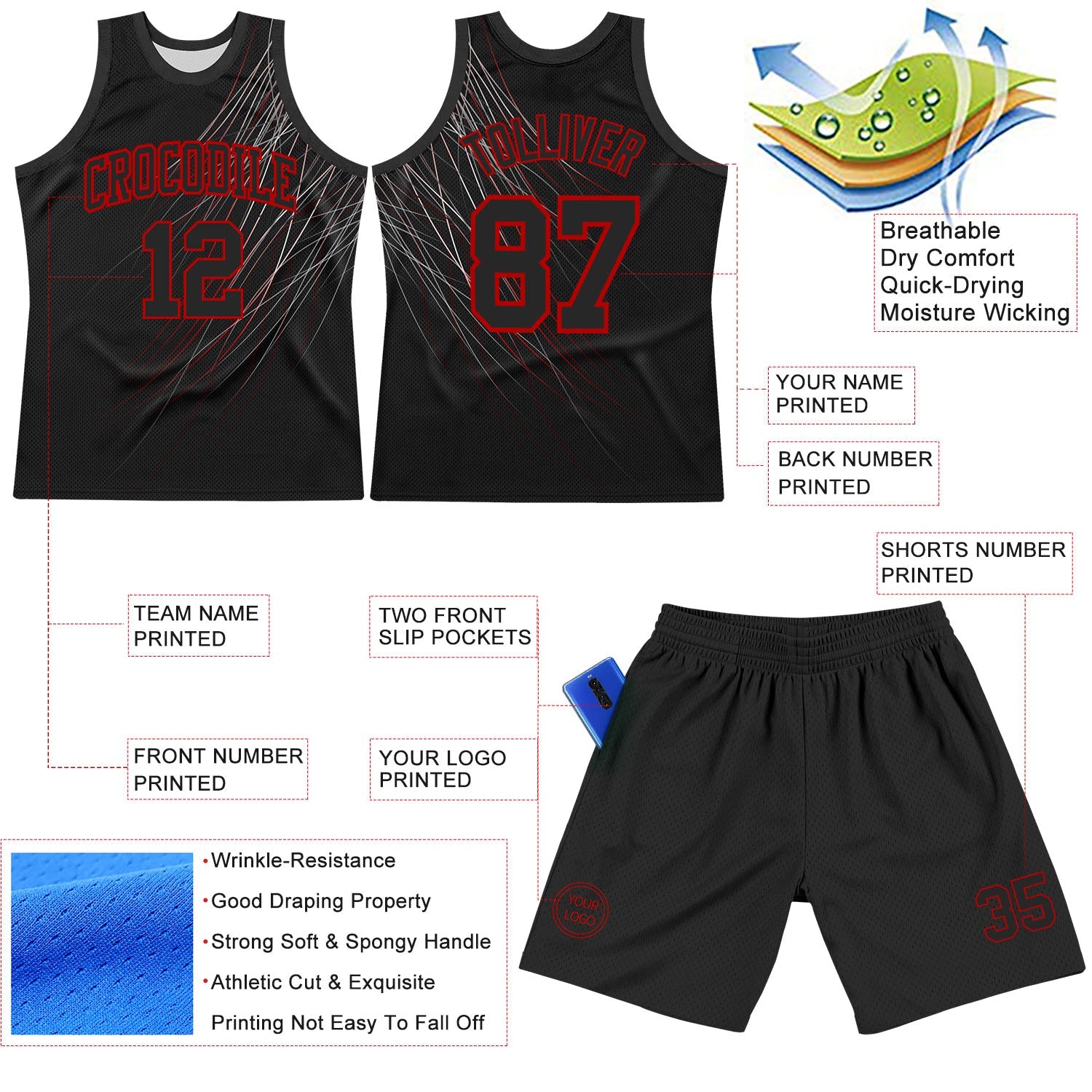 Custom Black Red Line Round Neck Sublimation Basketball Set Jersey view 3