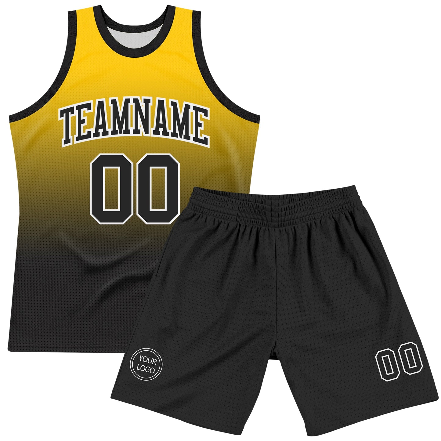 Custom Yellow Black-White Fade Fashion Round Neck Sublimation Basketball Set Jersey view 2