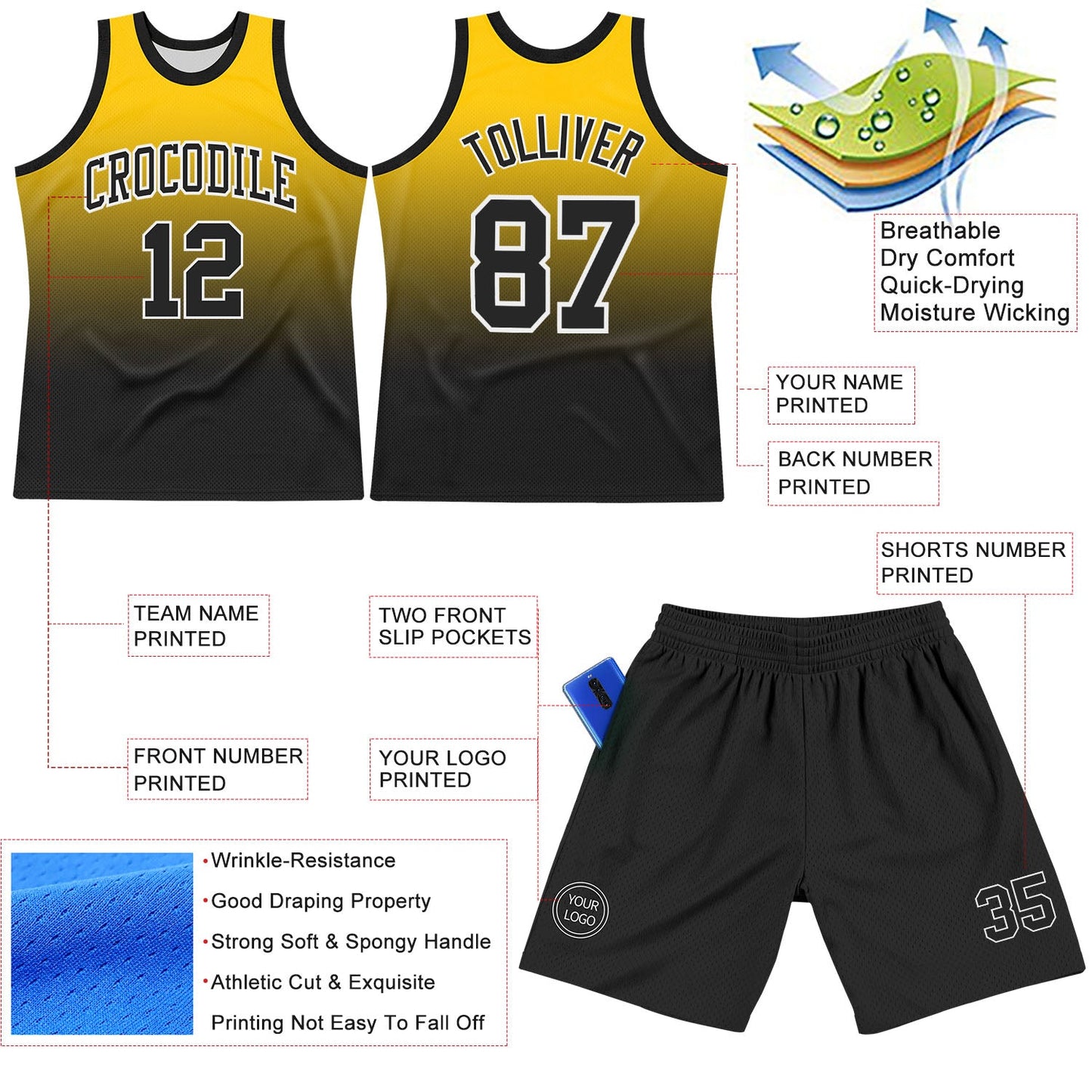 Custom Yellow Black-White Fade Fashion Round Neck Sublimation Basketball Set Jersey view 3