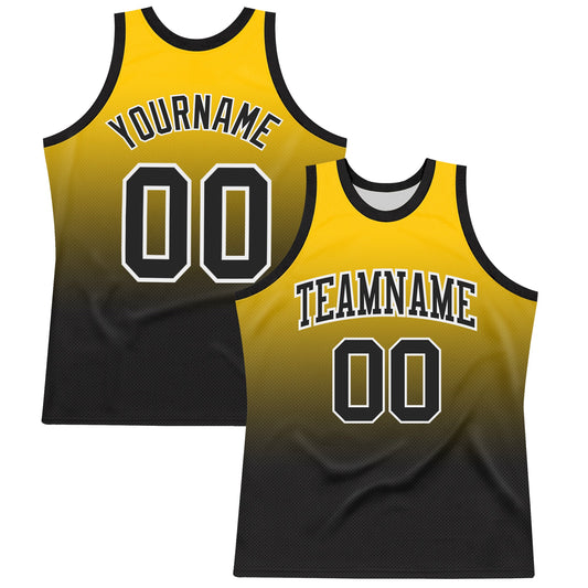 Custom Yellow Black-White Fade Fashion Round Neck Sublimation Basketball Set Jersey - Main View