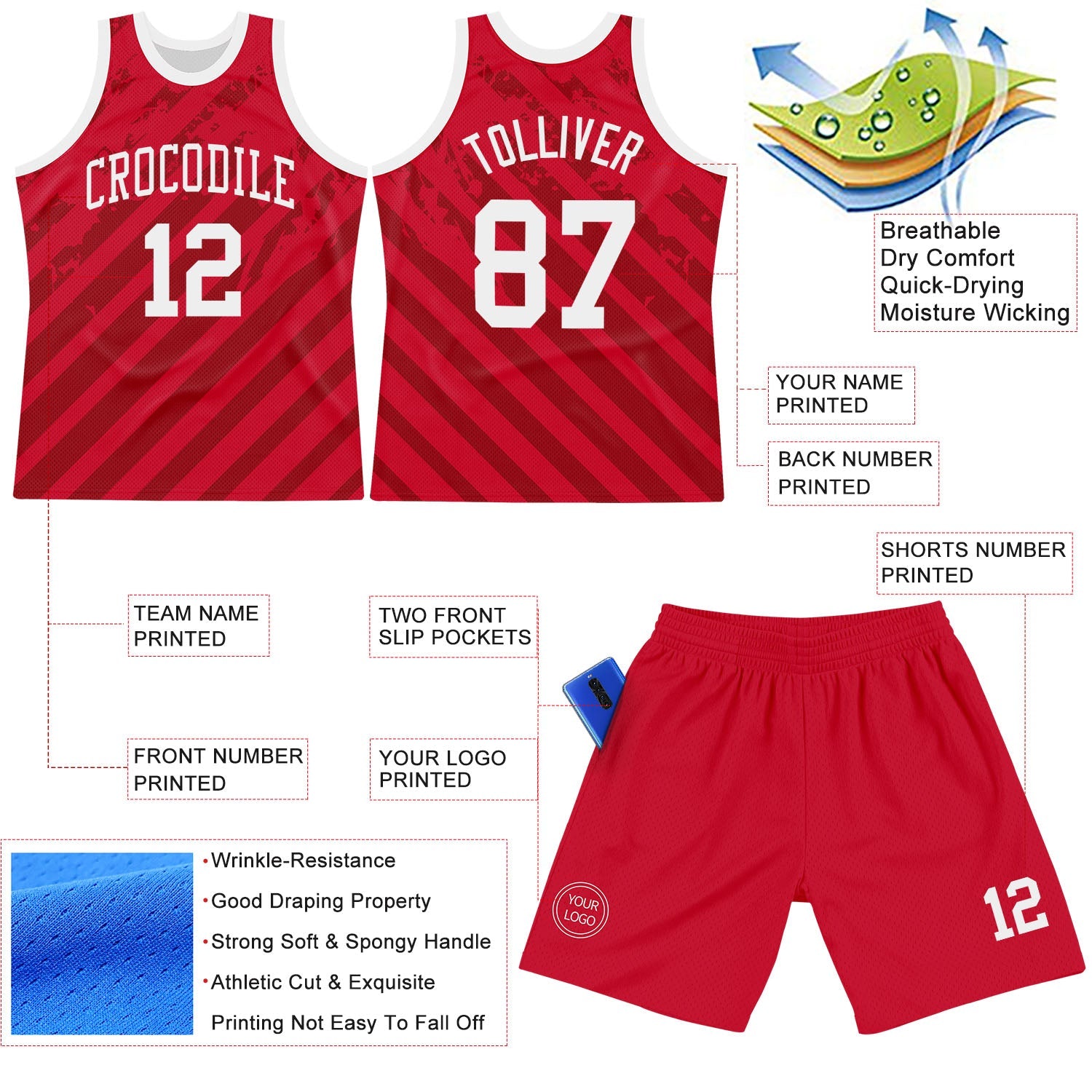 Custom Red White Line Round Neck Sublimation Basketball Set Jersey view 3
