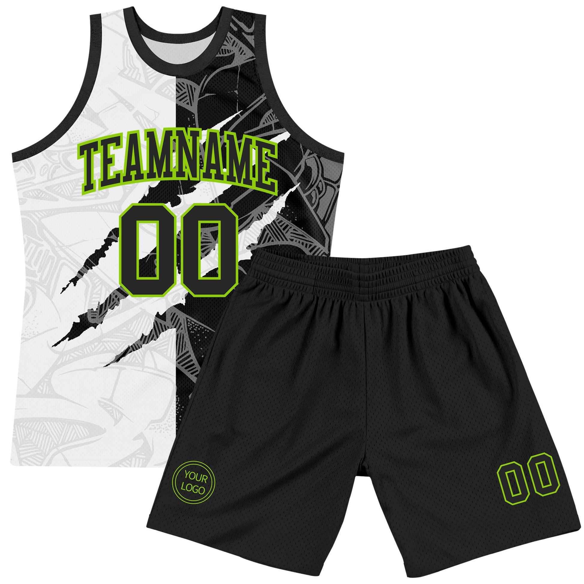 Custom Graffiti Pattern Black White-Neon Green Scratch Round Neck Sublimation Basketball Set Jersey view 2