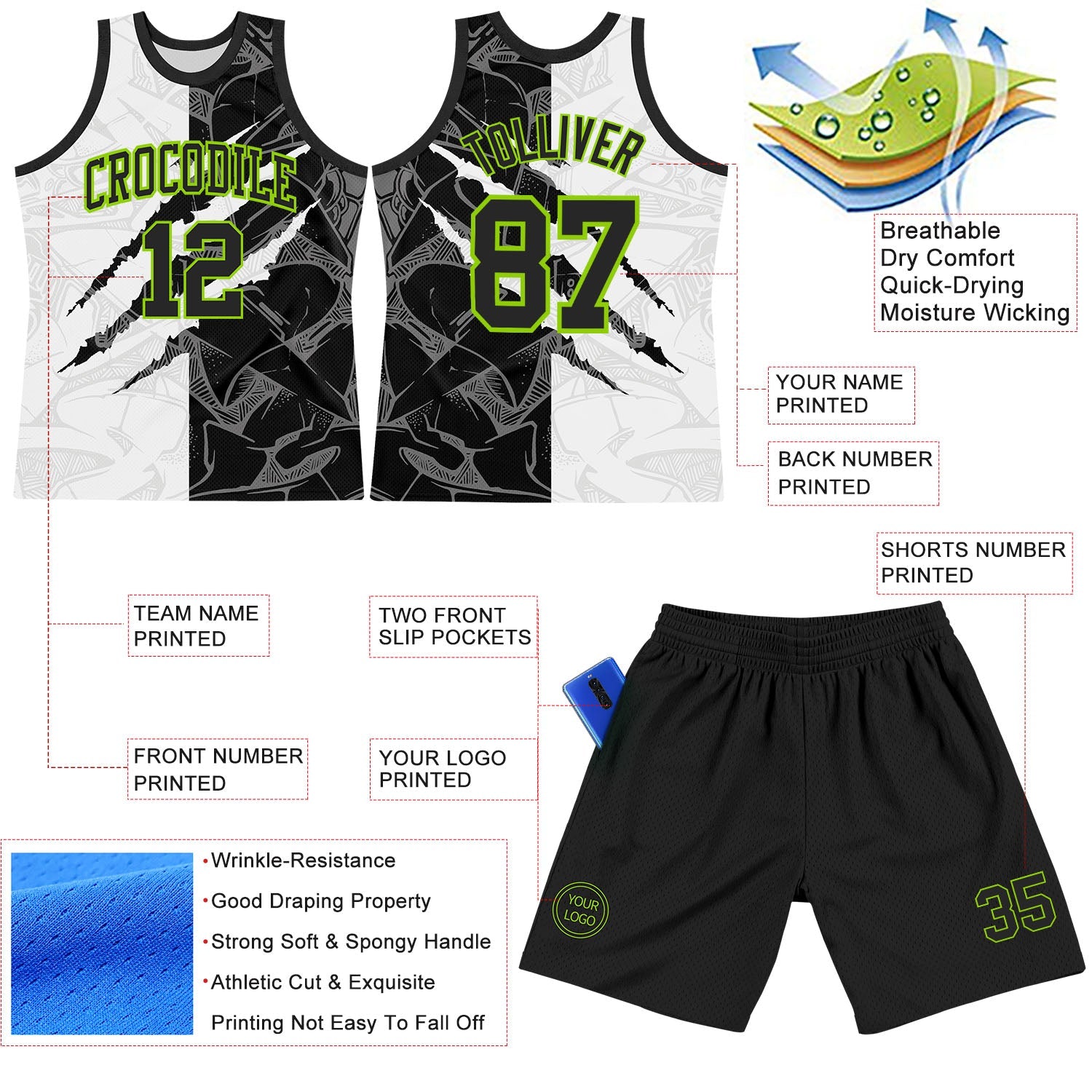 Custom Graffiti Pattern Black White-Neon Green Scratch Round Neck Sublimation Basketball Set Jersey view 3