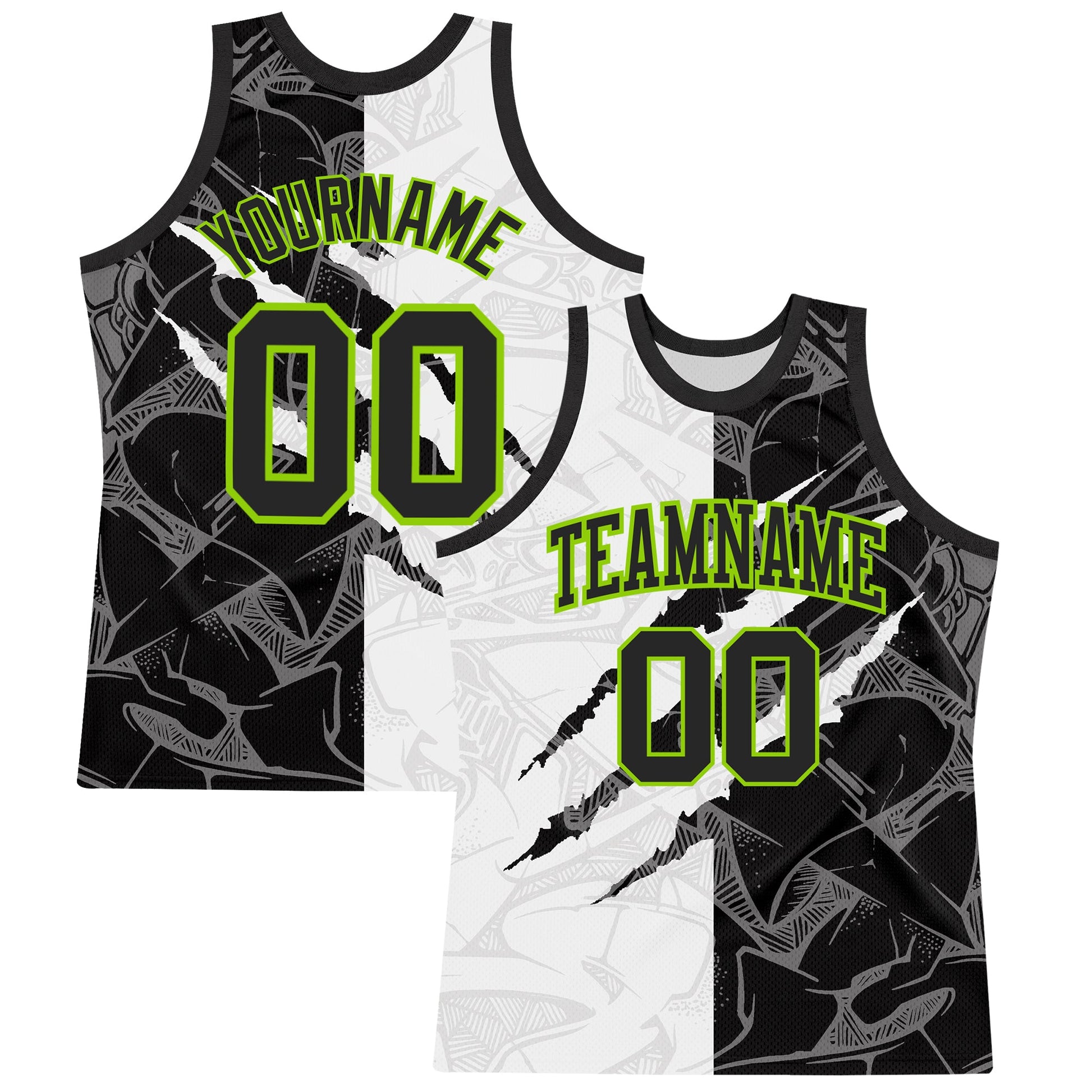 Custom Graffiti Pattern Black White-Neon Green Scratch Round Neck Sublimation Basketball Set Jersey - Main View