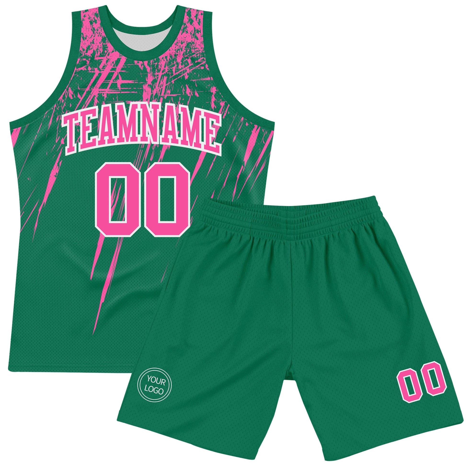 Custom Kelly Green Pink-White Splash Round Neck Sublimation Basketball Set Jersey view 2