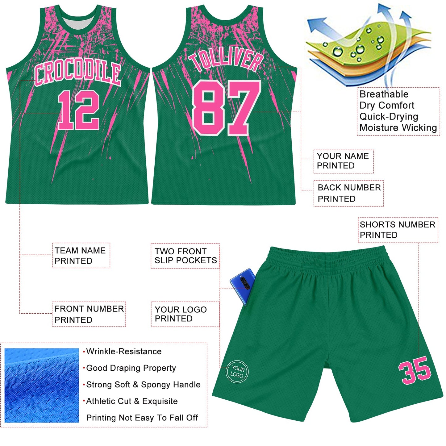 Custom Kelly Green Pink-White Splash Round Neck Sublimation Basketball Set Jersey view 3