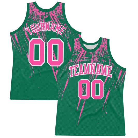 Custom Kelly Green Pink-White Splash Round Neck Sublimation Basketball Set Jersey - Main View