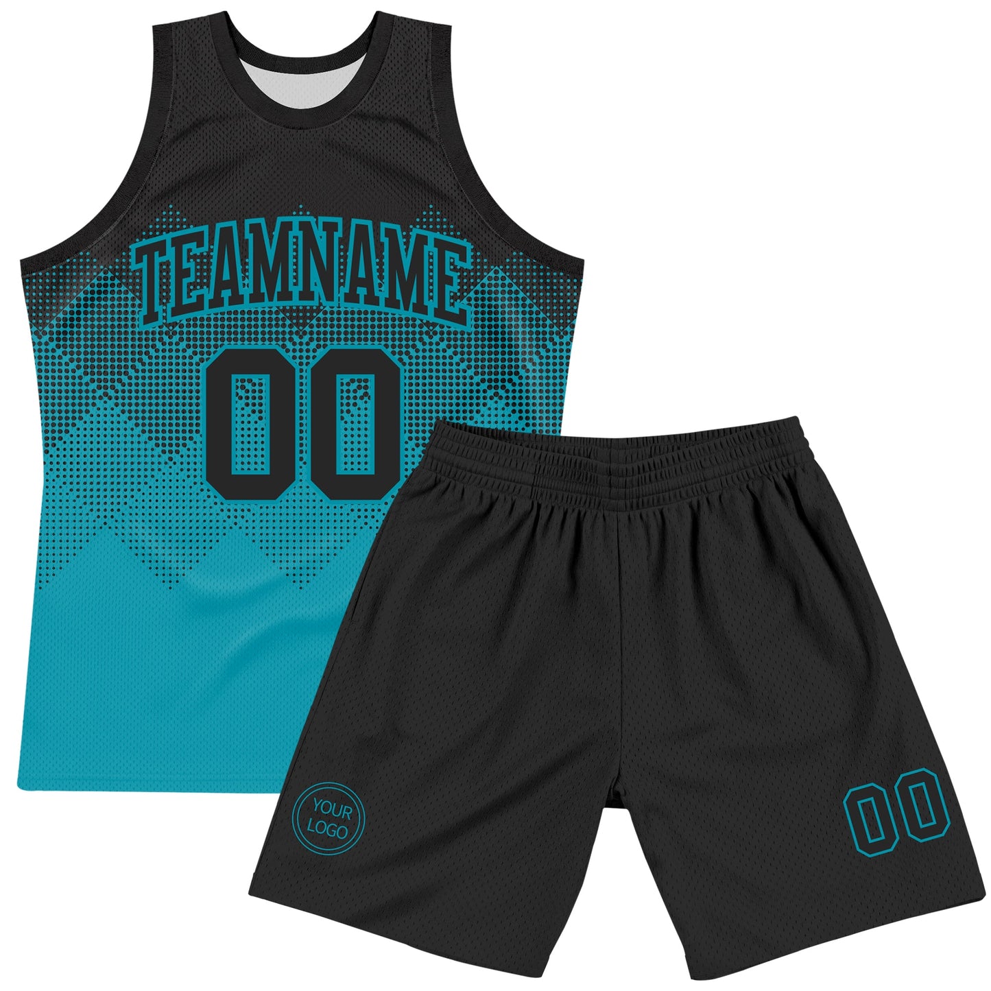 Custom Black Teal Gradient Square Shapes Round Neck Sublimation Basketball Set Jersey view 2