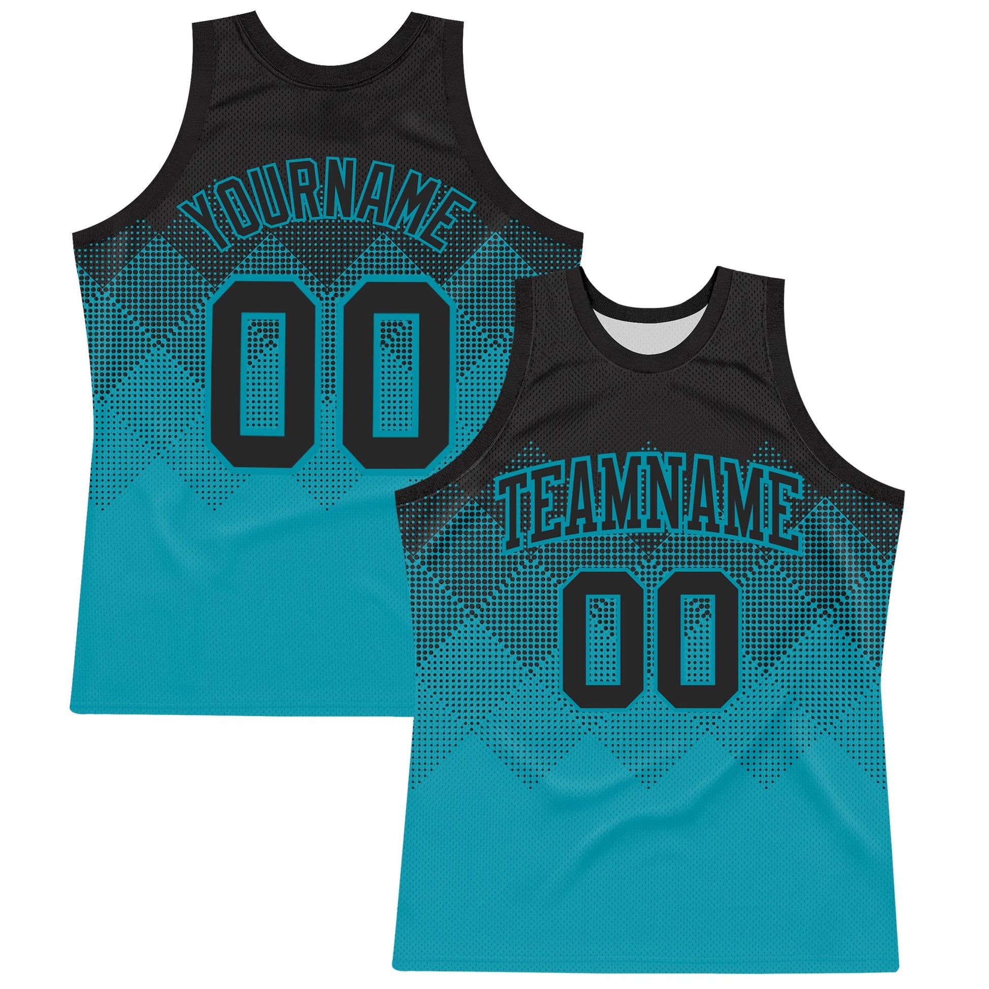 Custom Black Teal Gradient Square Shapes Round Neck Sublimation Basketball Set Jersey - Main View