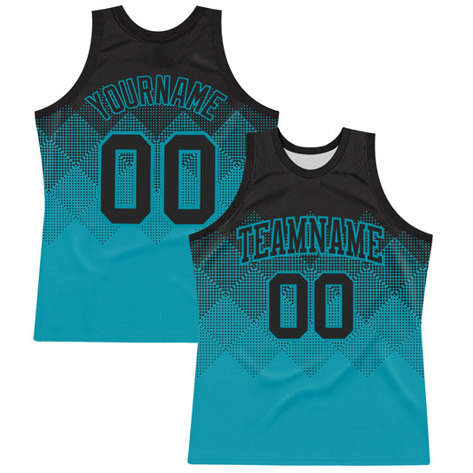 Custom Black Teal Gradient Square Shapes Round Neck Sublimation Basketball Set Jersey - Main View