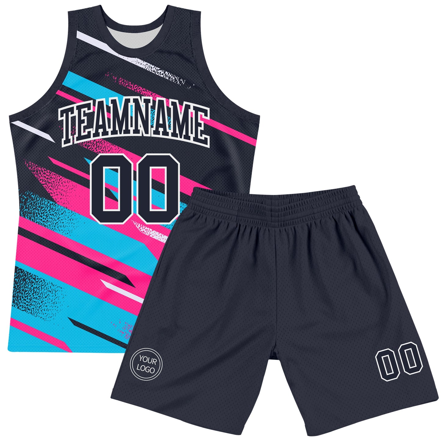 Custom Navy Pink Light Blue-White Line Round Neck Sublimation Basketball Set Jersey view 2